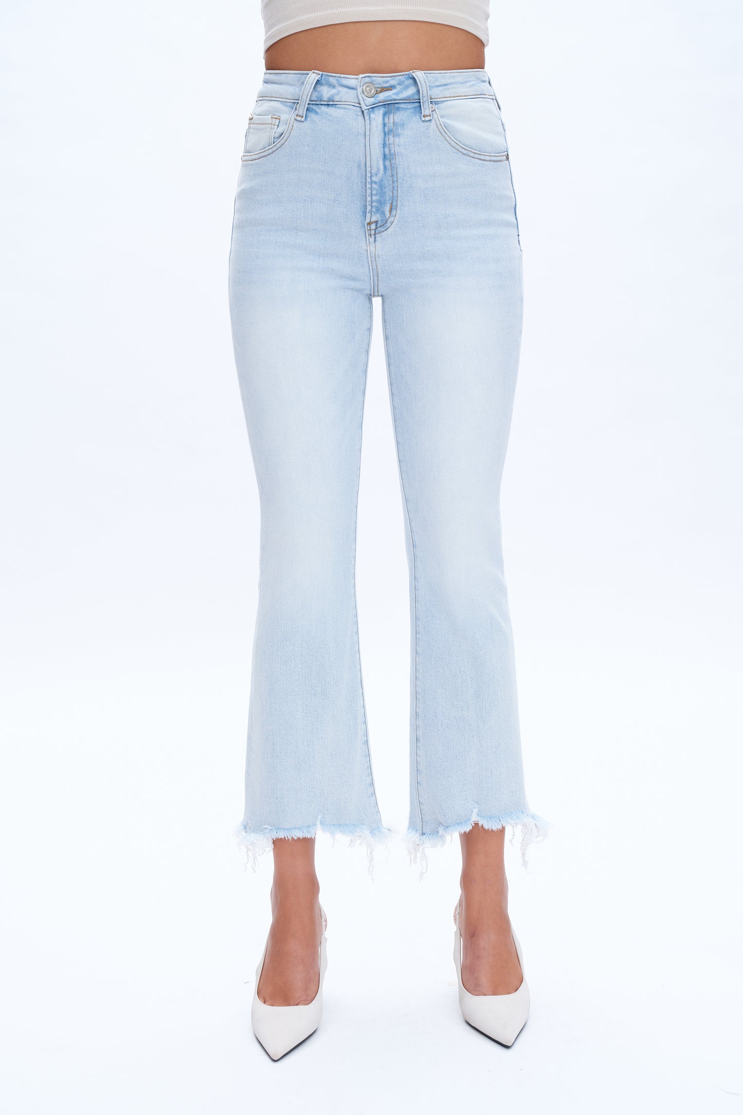 ANNA HIGH RISE FRAYED HEM ANKLE FLARE JEANS BYF1153 LIGHT BLUE