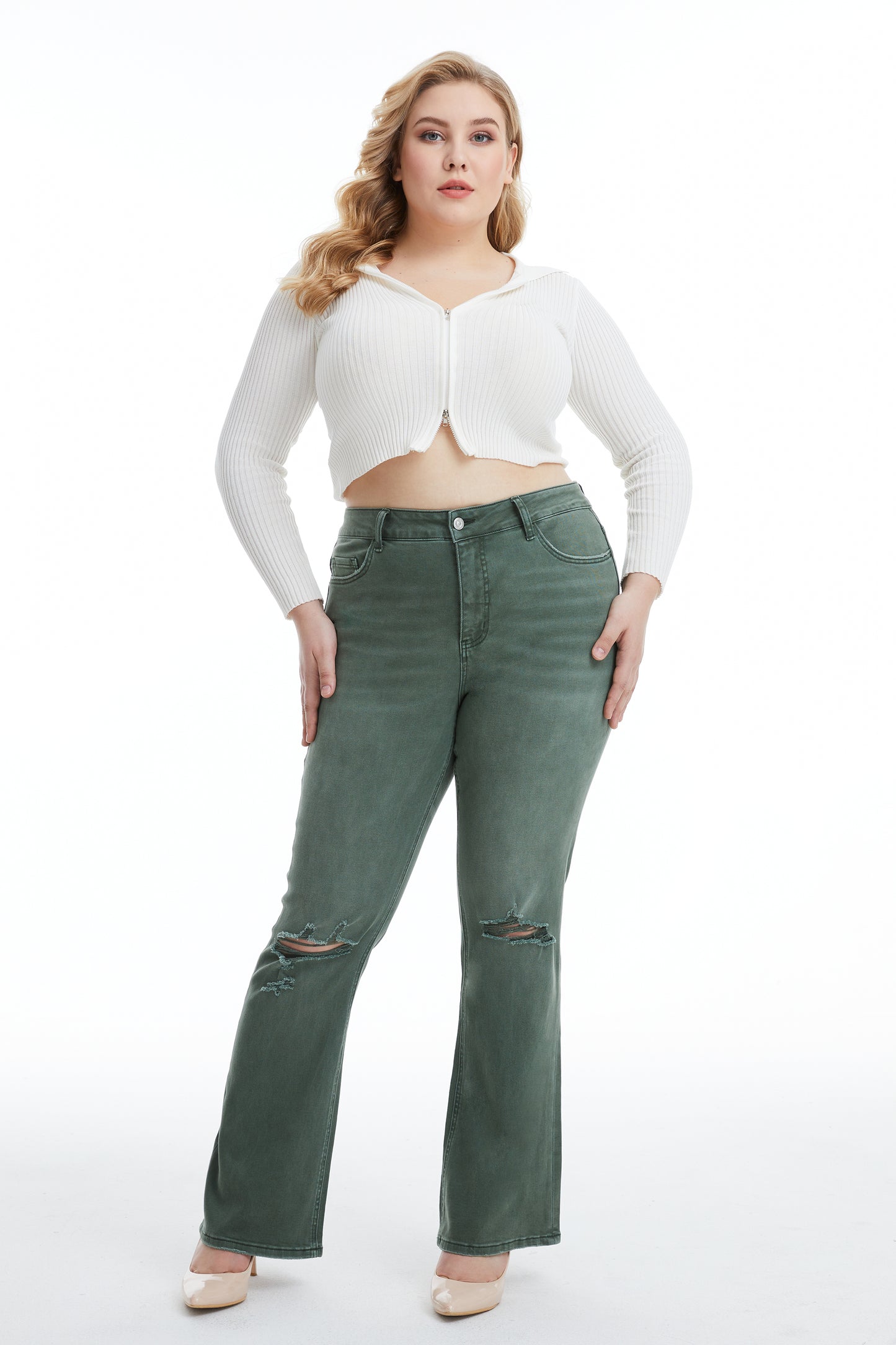 EMILY HIGH RISE DISTRESSED FLARE PANTS BYF1081-P GREEN PLUS SIZE