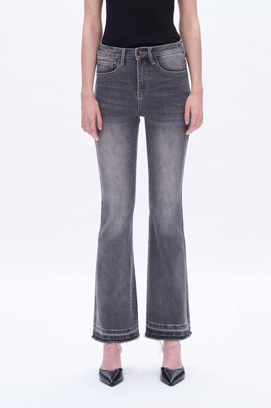 HIGH RISE FLARE LEG JEANS WITH RAW HEM BYF1110 GRAY