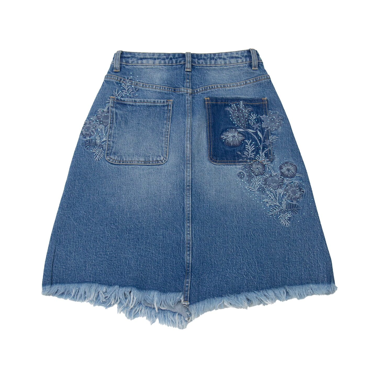 EMBROIDERED DENIM SKIRT WITH FRAYED HEM BYK7072 (BYMG030) MEDIUM BLUE