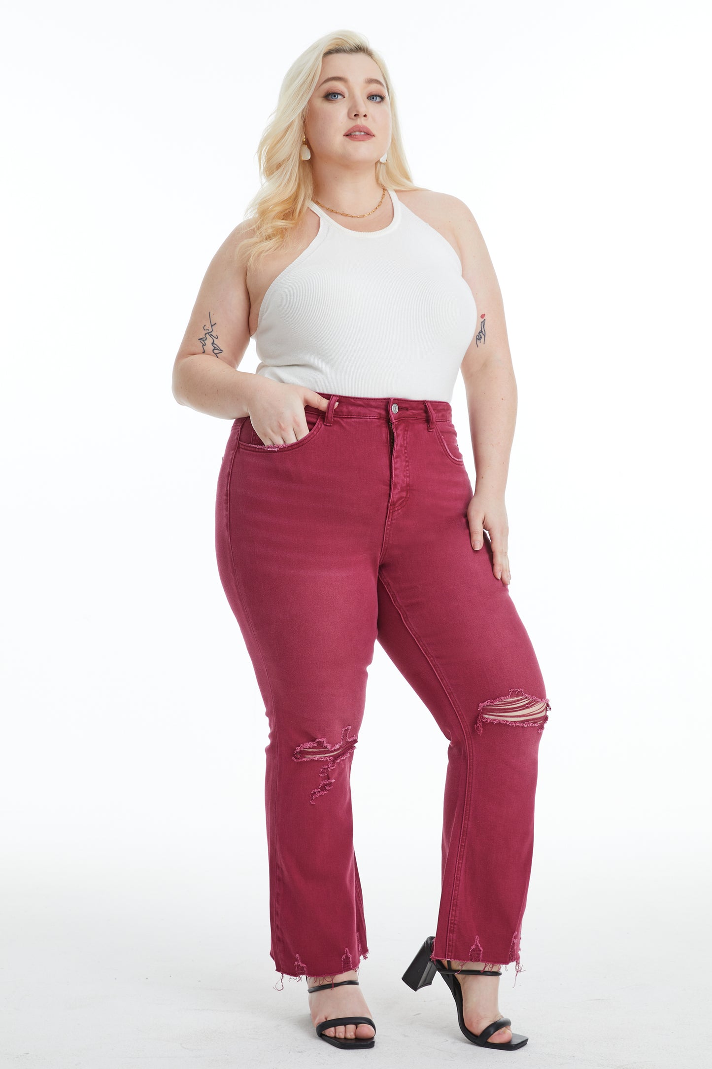 EMILY HIGH RISE DISTRESSED FLARE PANTS BYF1077-P WINE PLUS SIZE