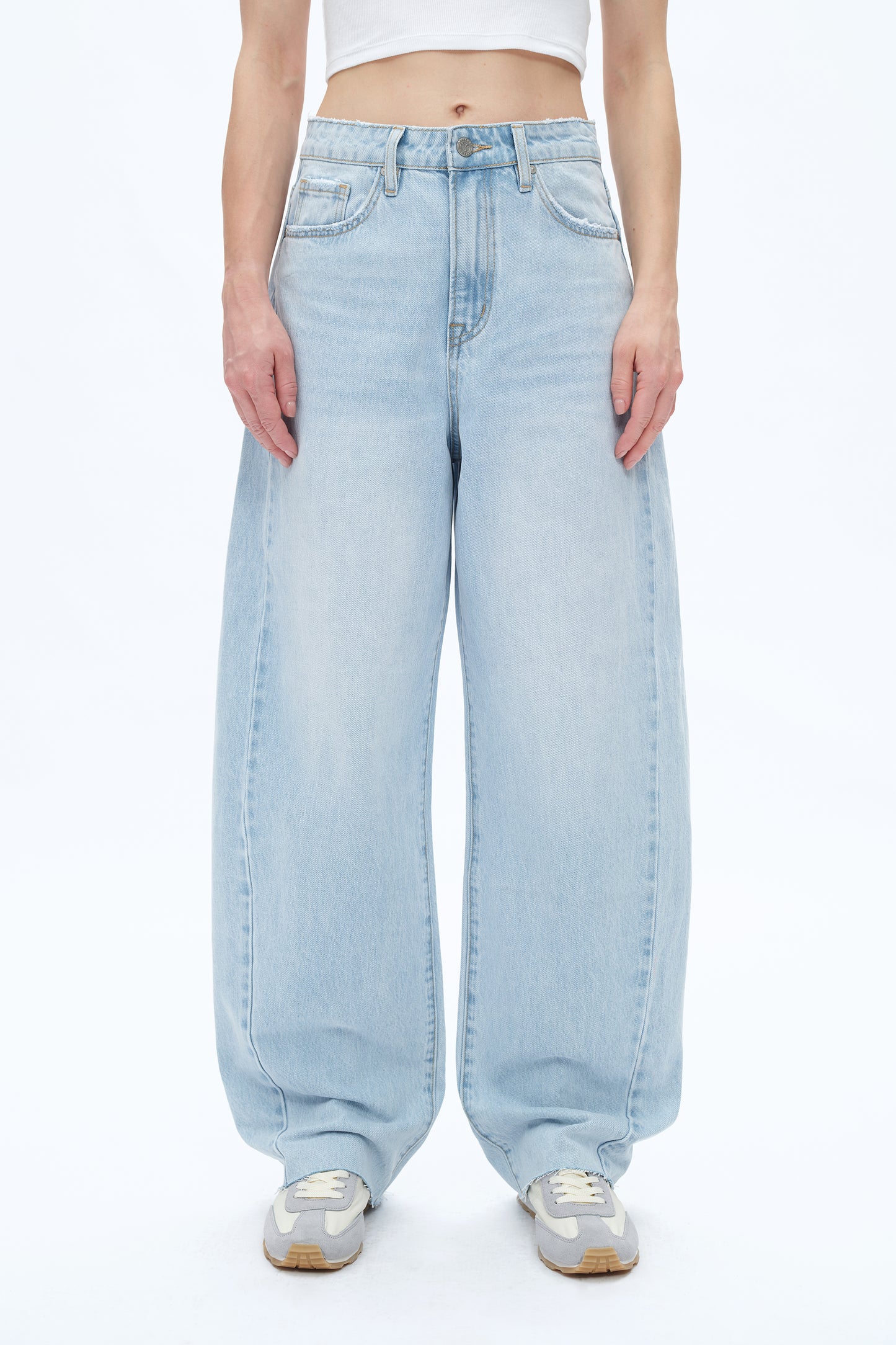 SUPER HIGH RISE PIECED BARREL LEG DENIM JEANS BYOX011 (BYHE240) LIGHT BLUE