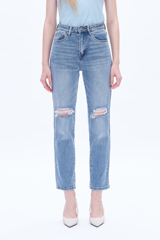 SIMELA HIGH RISE DISTRESSED MOM JEANS BYM3062 (BYHE037) BRILLIANCY