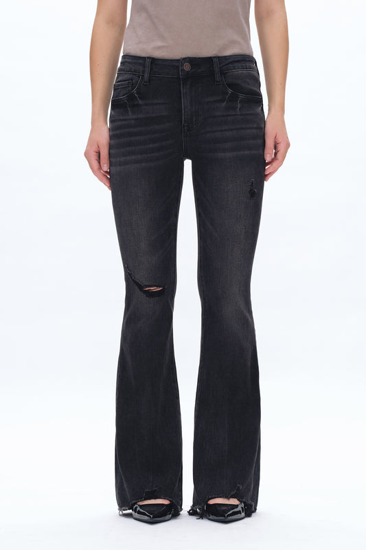 MID RISE FLARE JEANS WITH RAW EDGE HEM BYF1018-1 BLACK ICE