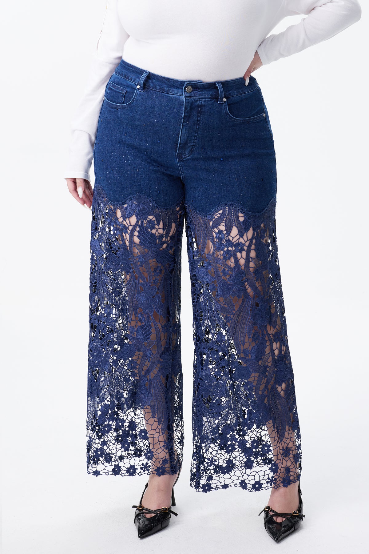 PLUS HIGH RISE LACE PANTS WITH RHINESTONE LAGOON