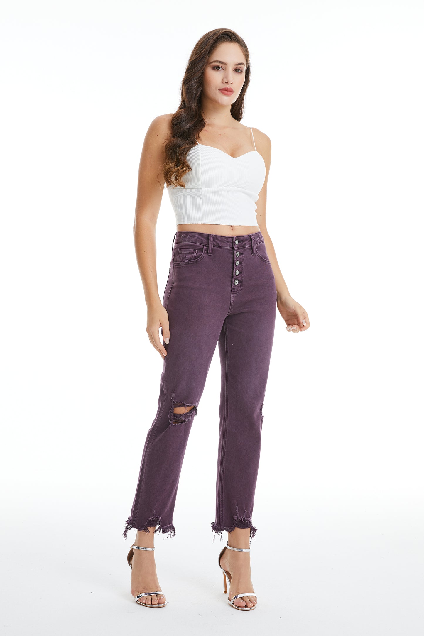 HIGH RISE STRAIGHT LEG JEANS BUTTON FLY WITH FRAYED HEM BYT5113 PLUM