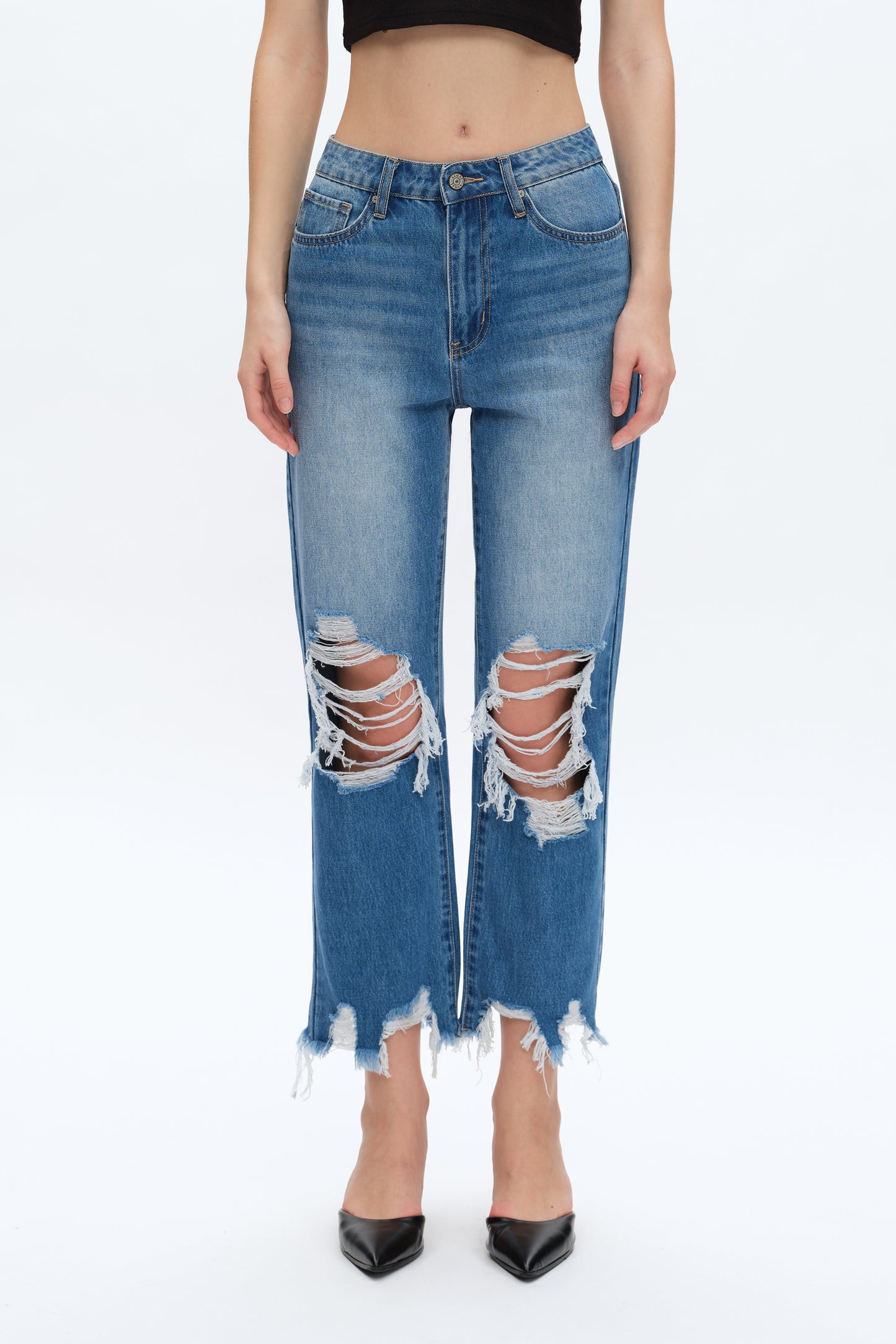 YOYO HIGH RISE DISTRESSED CROPPED STRAIGHT JEANS BYT5200 (BYHE197) CRYSTAL