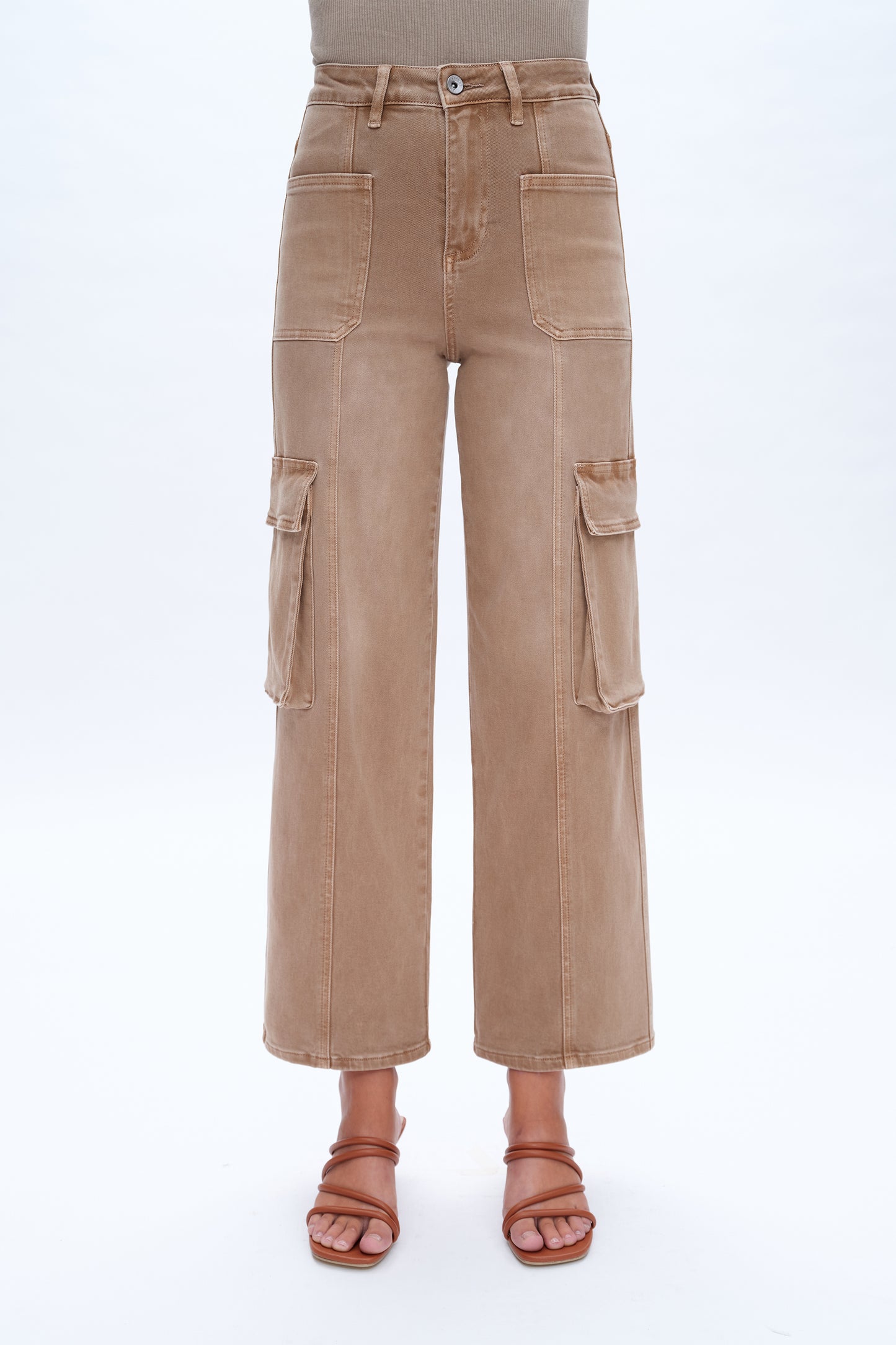 SUPER HIGH RISE CARGO STRAIGHT WIDE LEG JEANS BYW8107-N VINTAGE KHAKI