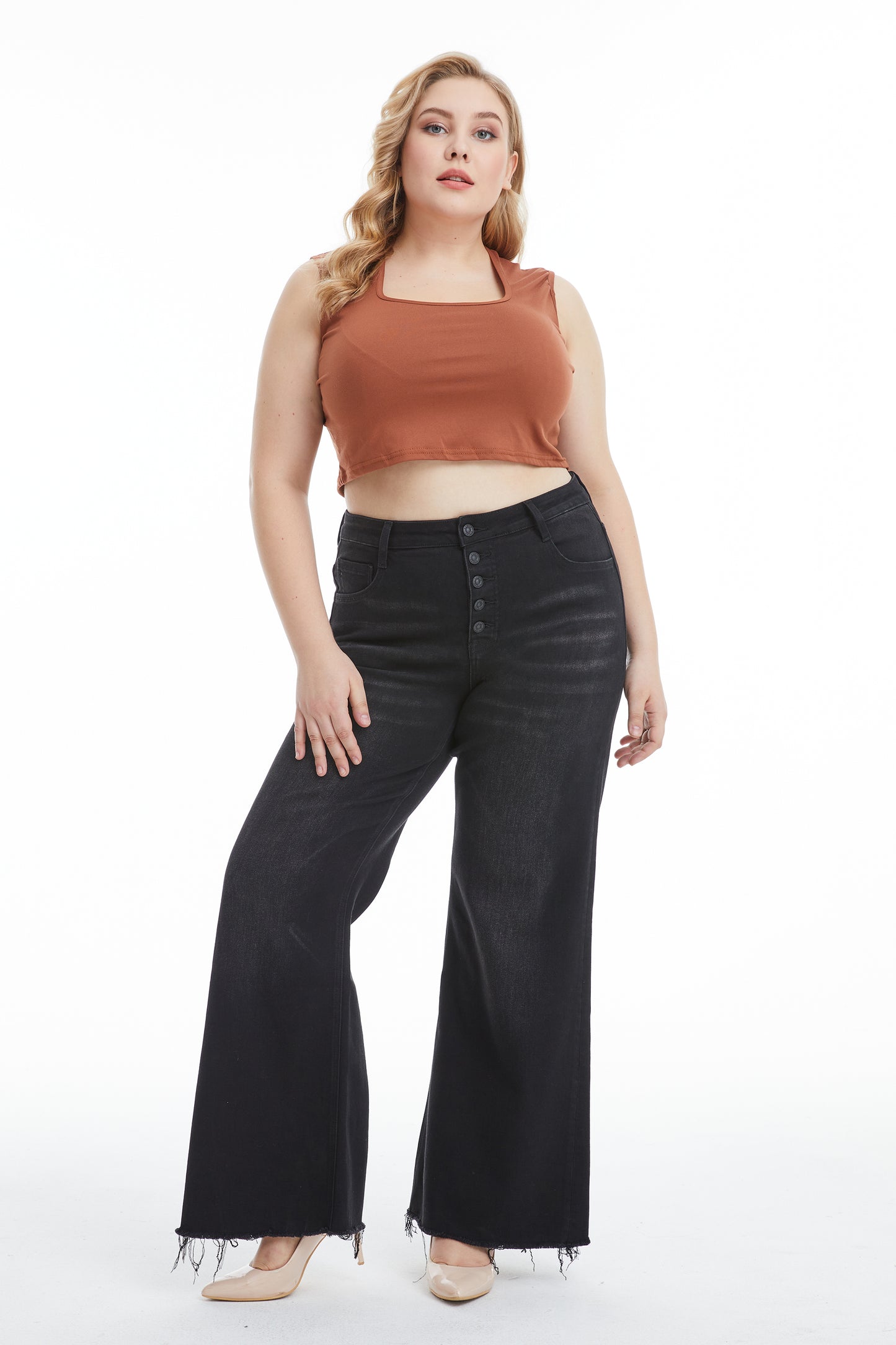 HIGH RISE WIDE LEG WITH FRAYED HEM BYW8122-P RAVEN PLUS SIZE