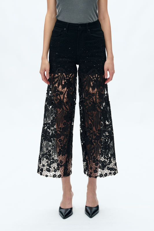 HIGH RISE LACE PANTS WITH RHINESTONE BYW8090 BLACK