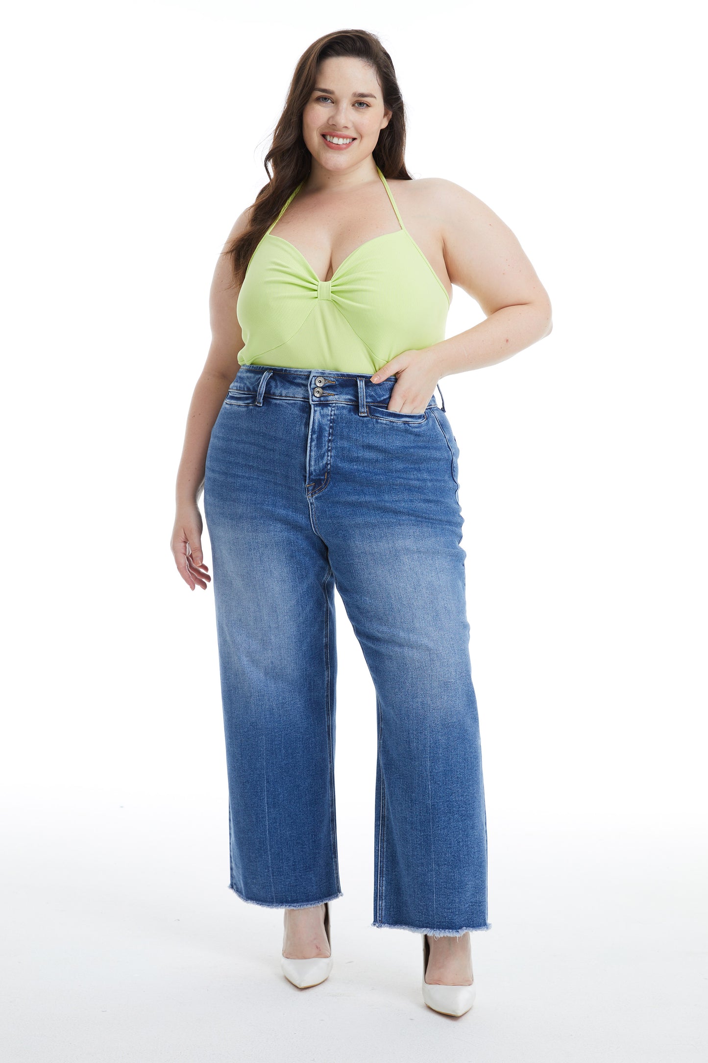 HIGH RISE WIDE LEG JEANS WITH RAW HEM BYW8123-P MEDIUM BLUE PLUS SIZE