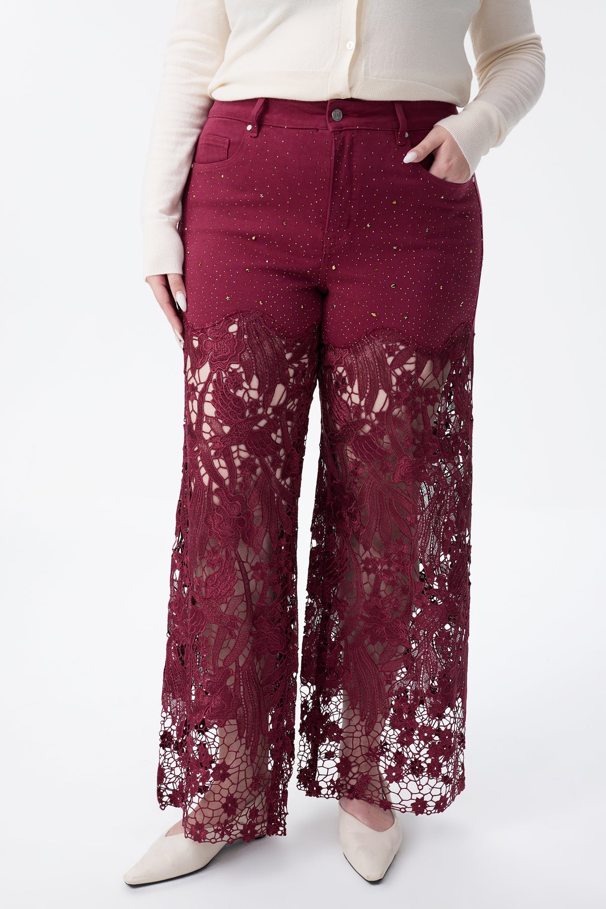 PLUS HIGH RISE LACE PANTS WITH RHINESTONE