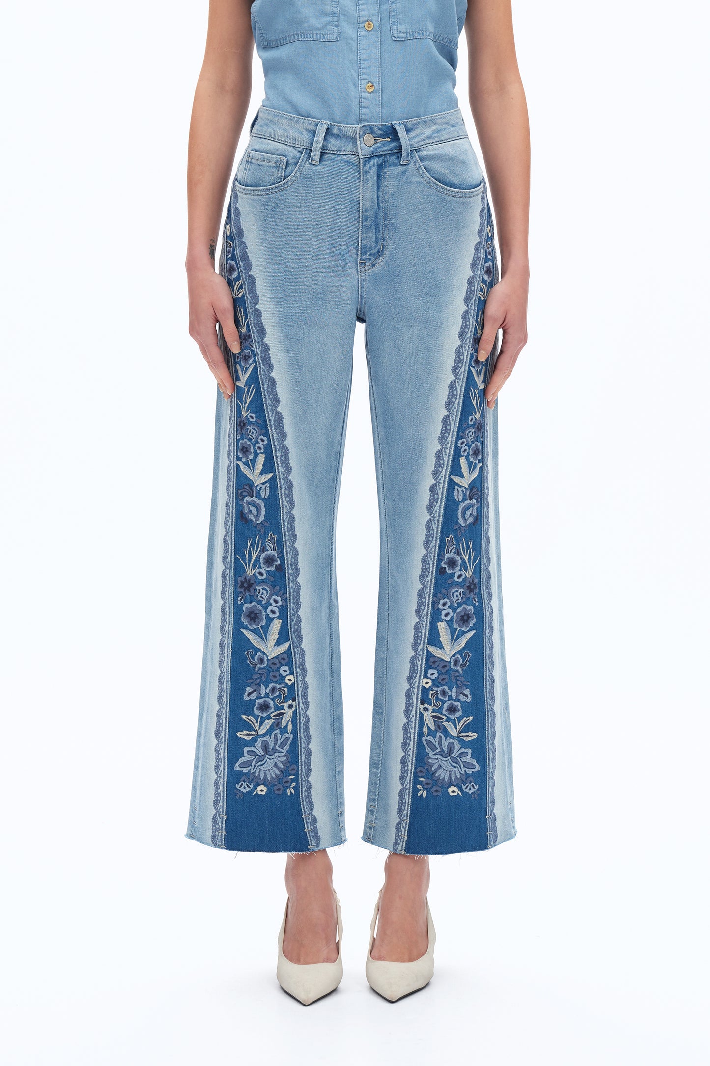 ULTRA HIGH RISE PATCHWORK EMBROIDERED WIDE LEG DENIM JEANS BYW8190 (BYCK003) MEDIUM BLUE