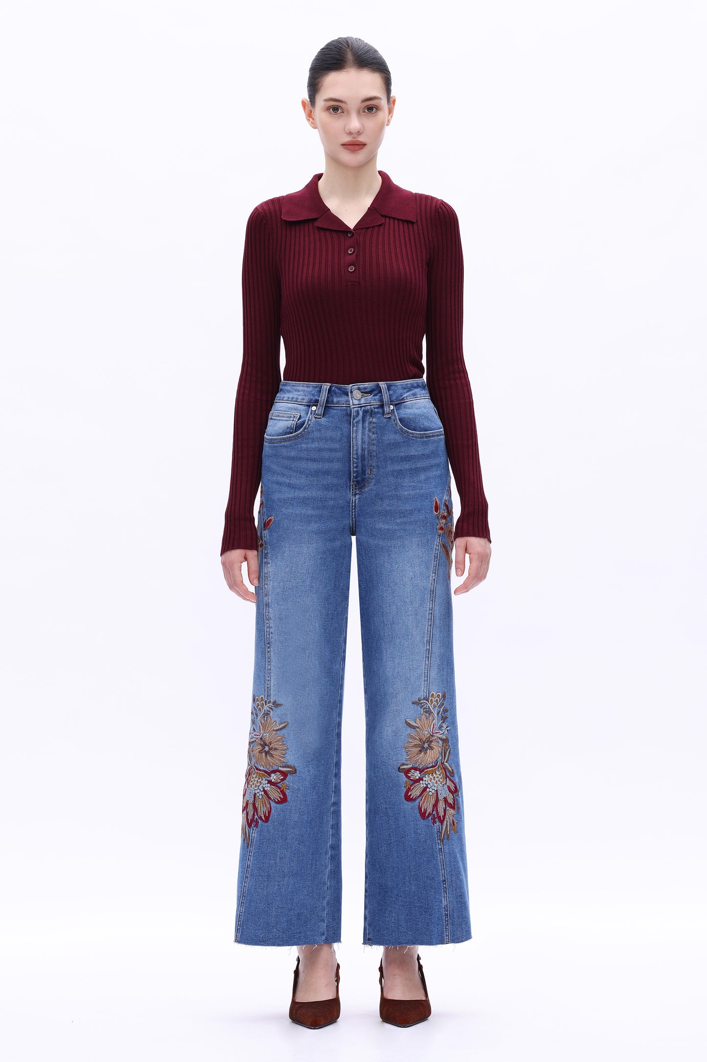 HIGH RISE EMBROIDERED WIDE LEG