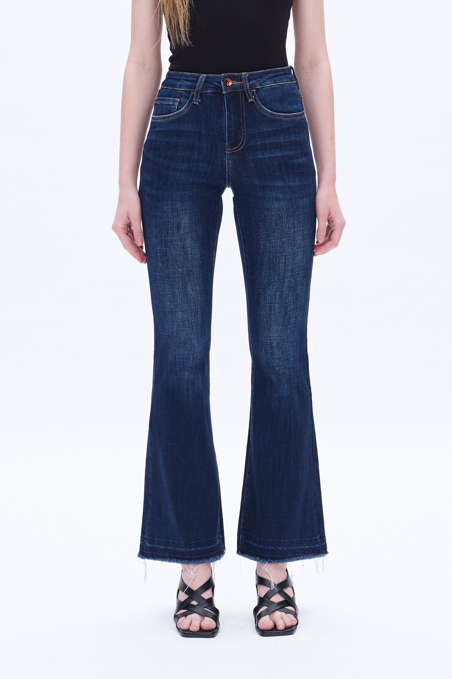 HIGH RISE FLARE LEG JEANS WITH RAW HEM BYF1110 DARK BLUE