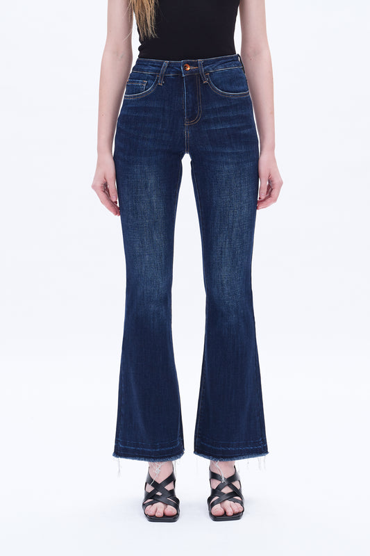 HIGH RISE FLARE LEG JEANS WITH RAW HEM BYF1110 DARK BLUE