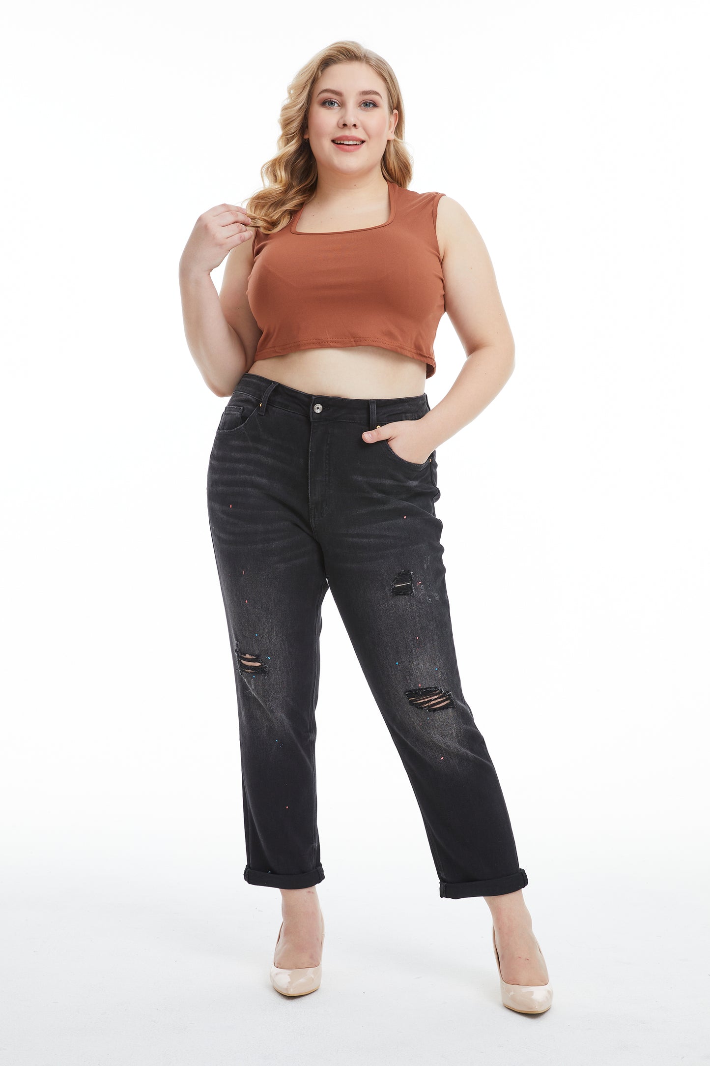 HIGH RISE PAINTED MOM JEANS BYM3054-P IRON BLACK PLUS SIZE