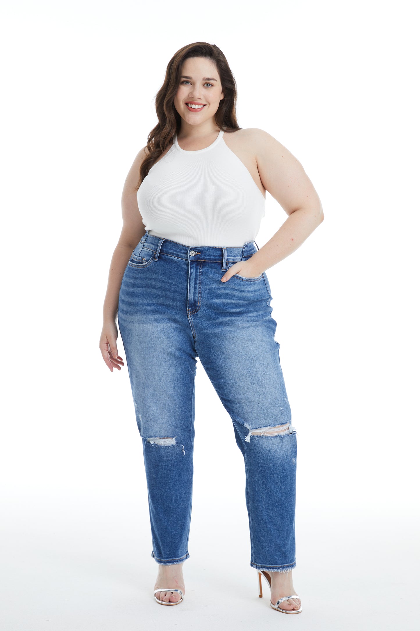 HIGH RISE CROPPED STRAIGHT JEANS BYT5164-P (BY4401A) MEDIUM BLUE PLUS SIZE