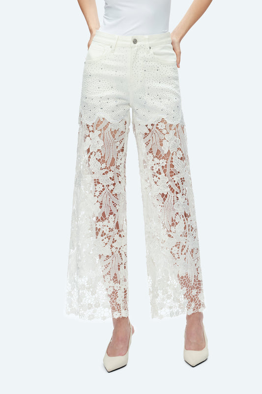 HIGH RISE LACE PANTS WITH RHINESTONE BYW8090 WHITE