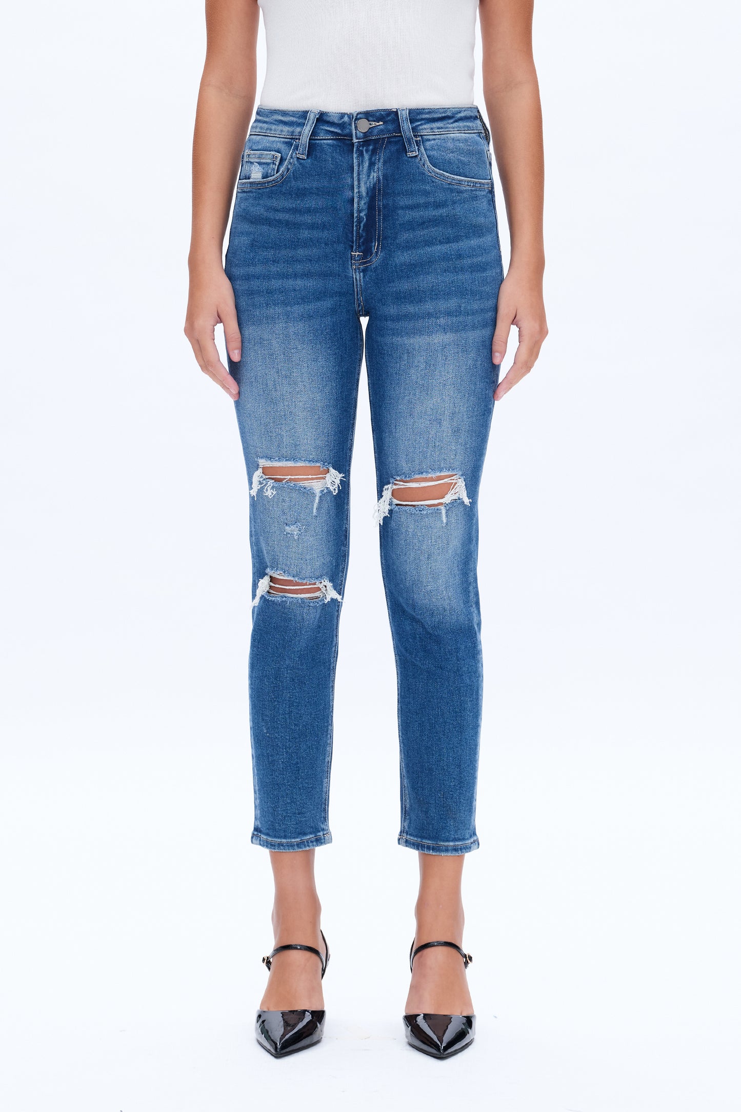 HIGH RISE STRETCH MOM JEANS BYM3009 DARK BLUE