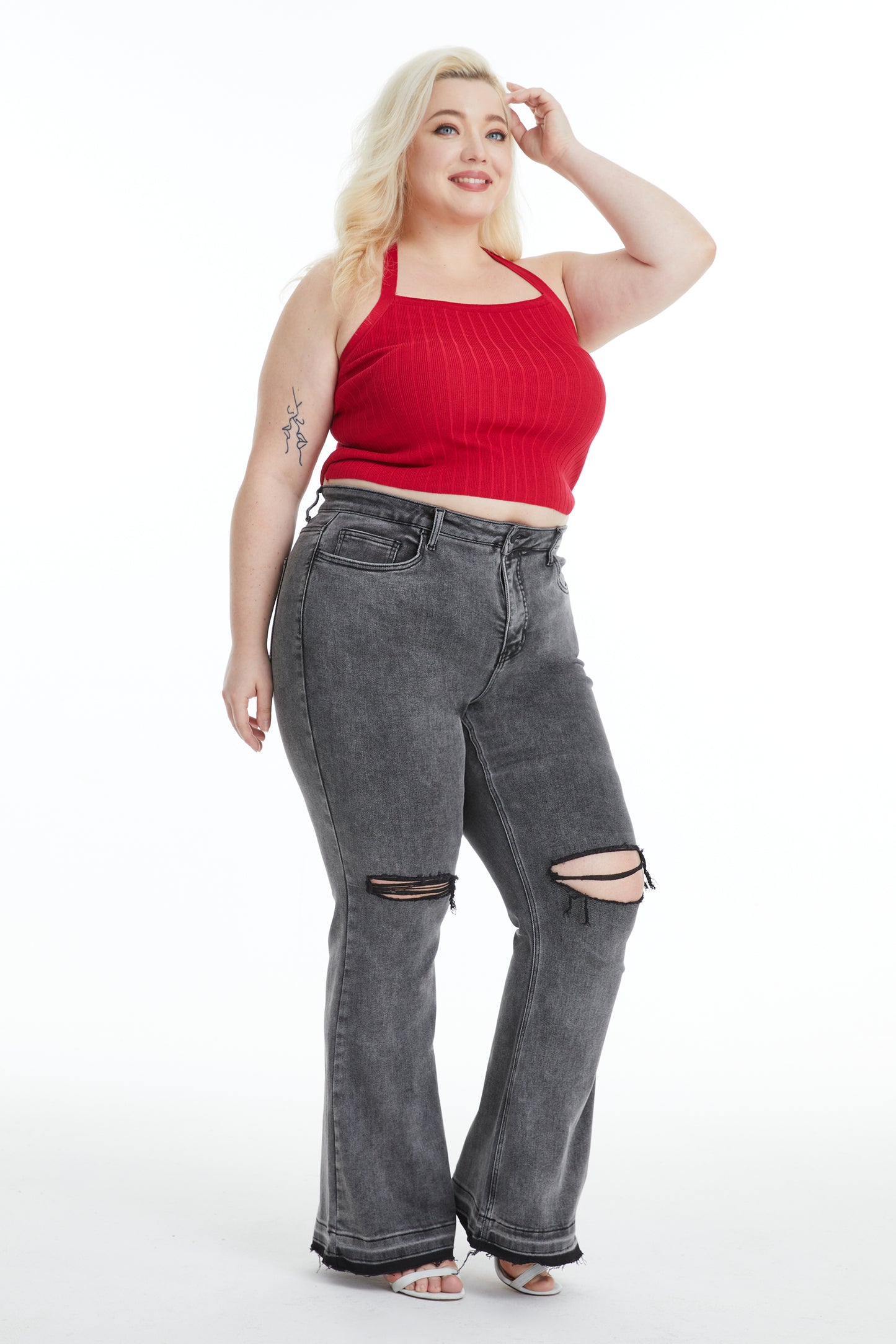 LAUREN HIGH RISE FLARE JEANS WITH RAW HEM BYF1129-P (BYHE055-P) HEATHER GRAY PLUS SIZE