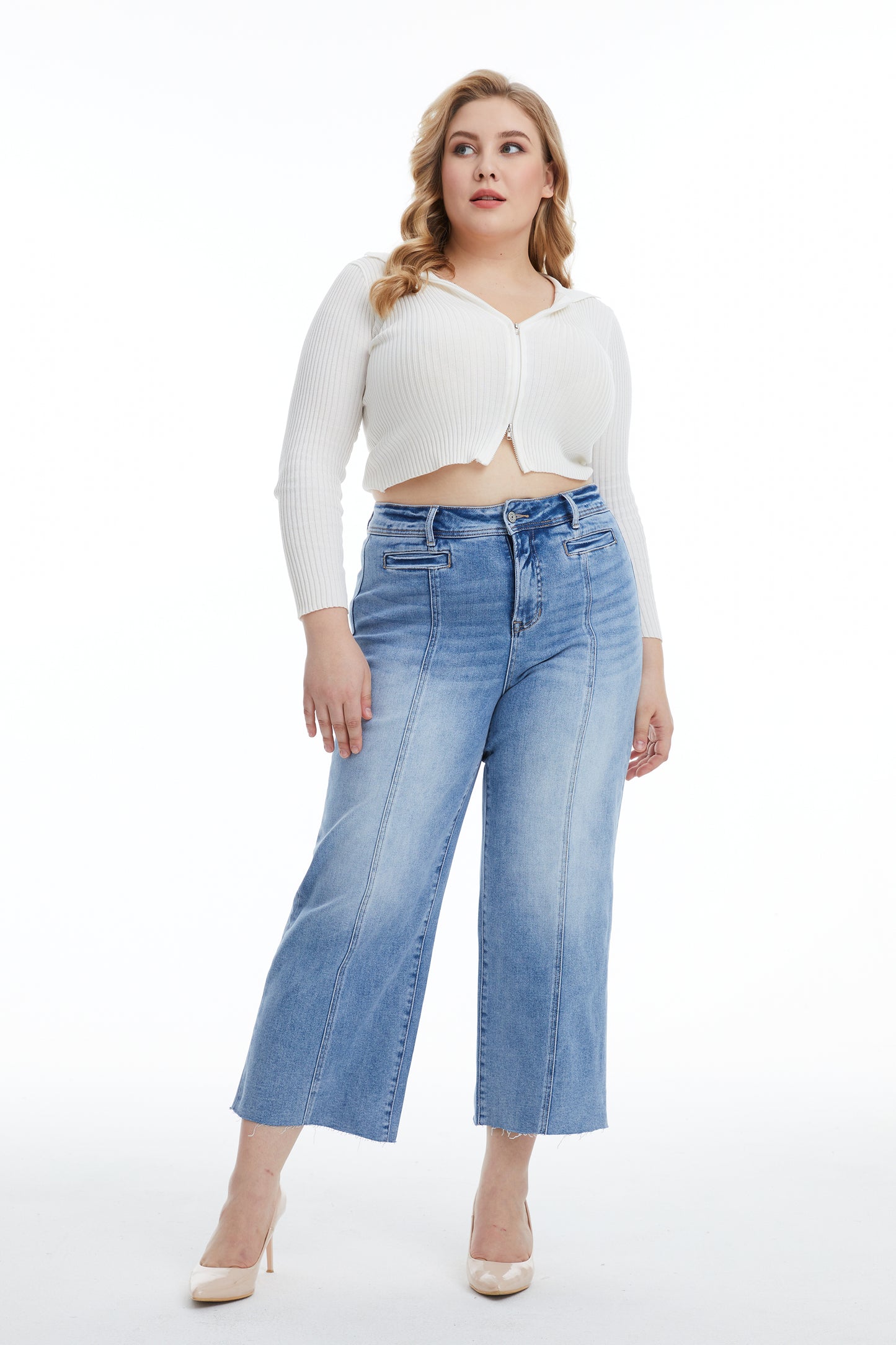 HIGH RISE WIDE LEG JEANS WITH RAW HEM BYW8116-P ICE BLUE PLUS SIZE