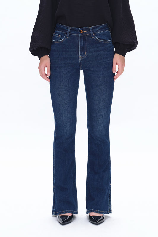 HIGH RISE FLARE LEG JEANS WITH SLIT HEM BYF1037 SAPPHIRE