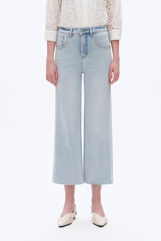 HIGH RISE WIDE LEG WITH RAW HEM DENIM JEANS BYW8015 LIGHT BLUE