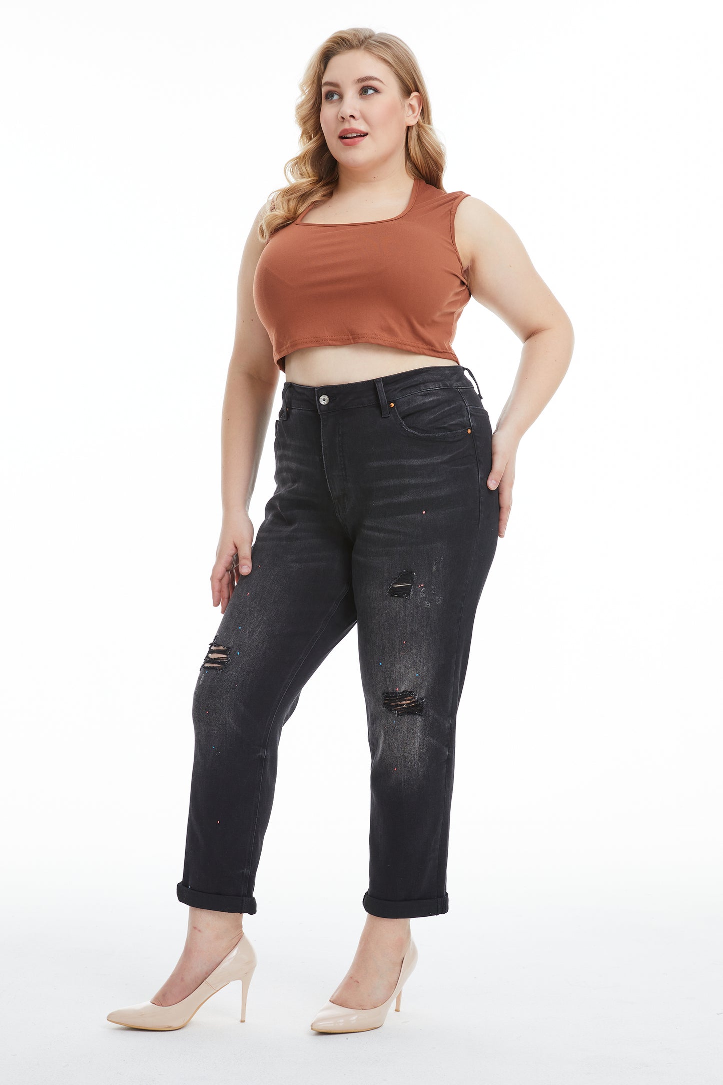 HIGH RISE PAINTED MOM JEANS BYM3054-P IRON BLACK PLUS SIZE