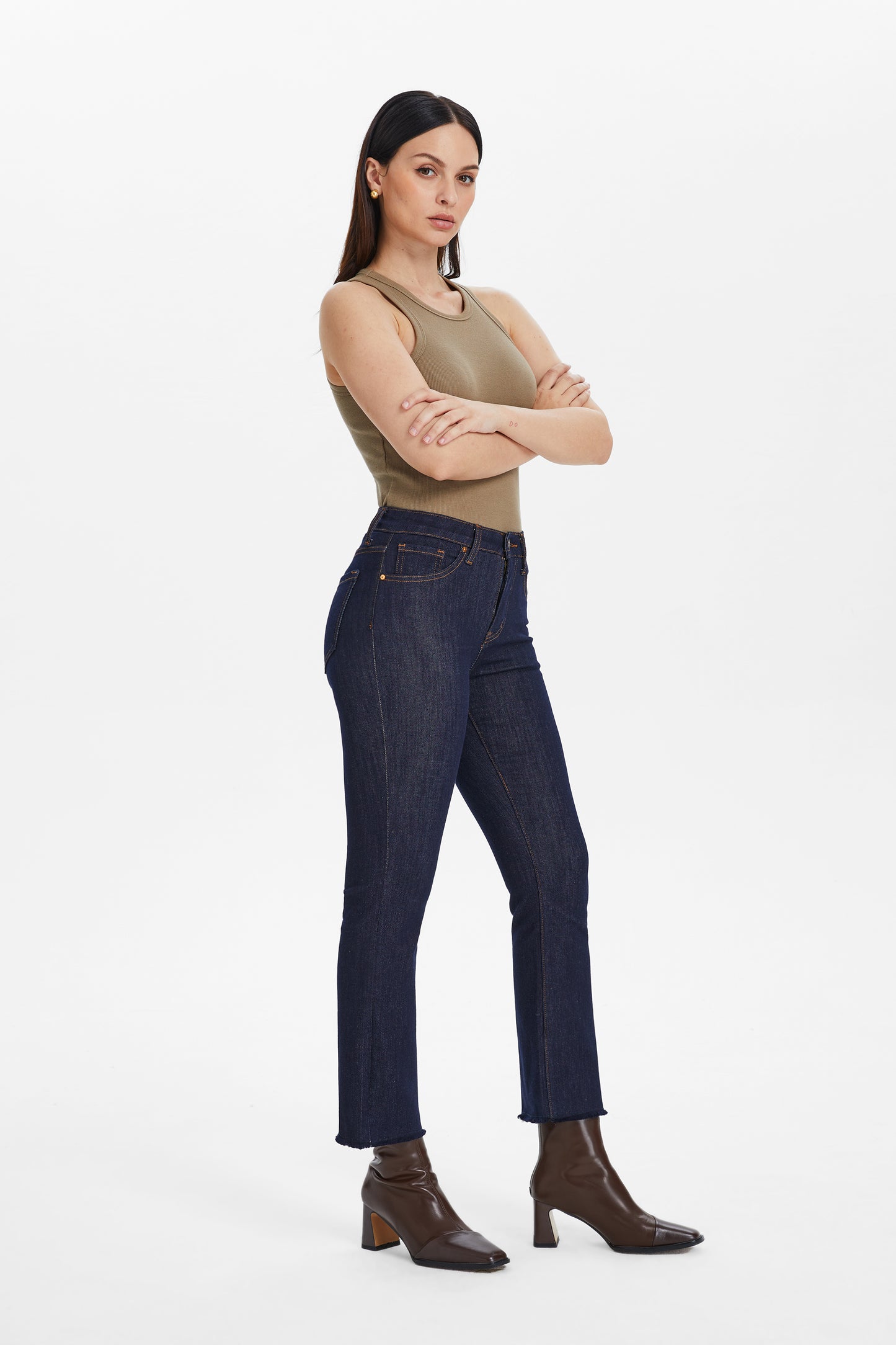 HIGH RISE RAW HEM STRAIGHT JEANS BYT5157 DARK BLUE