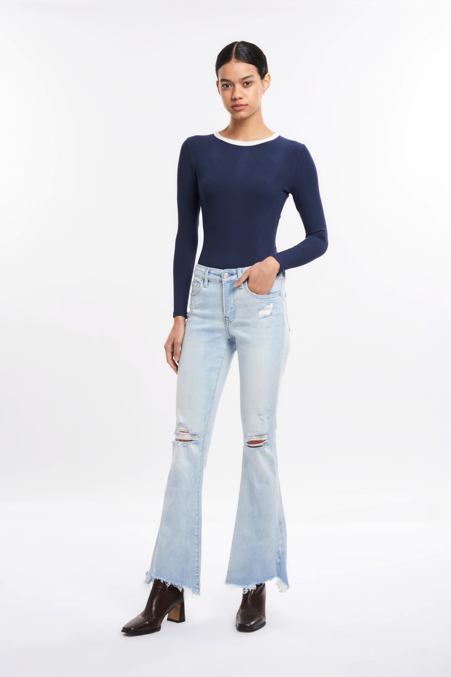 ANGELA MID RISE DISTRESSED FLARE JEANS BYF1130 BABYBLUE