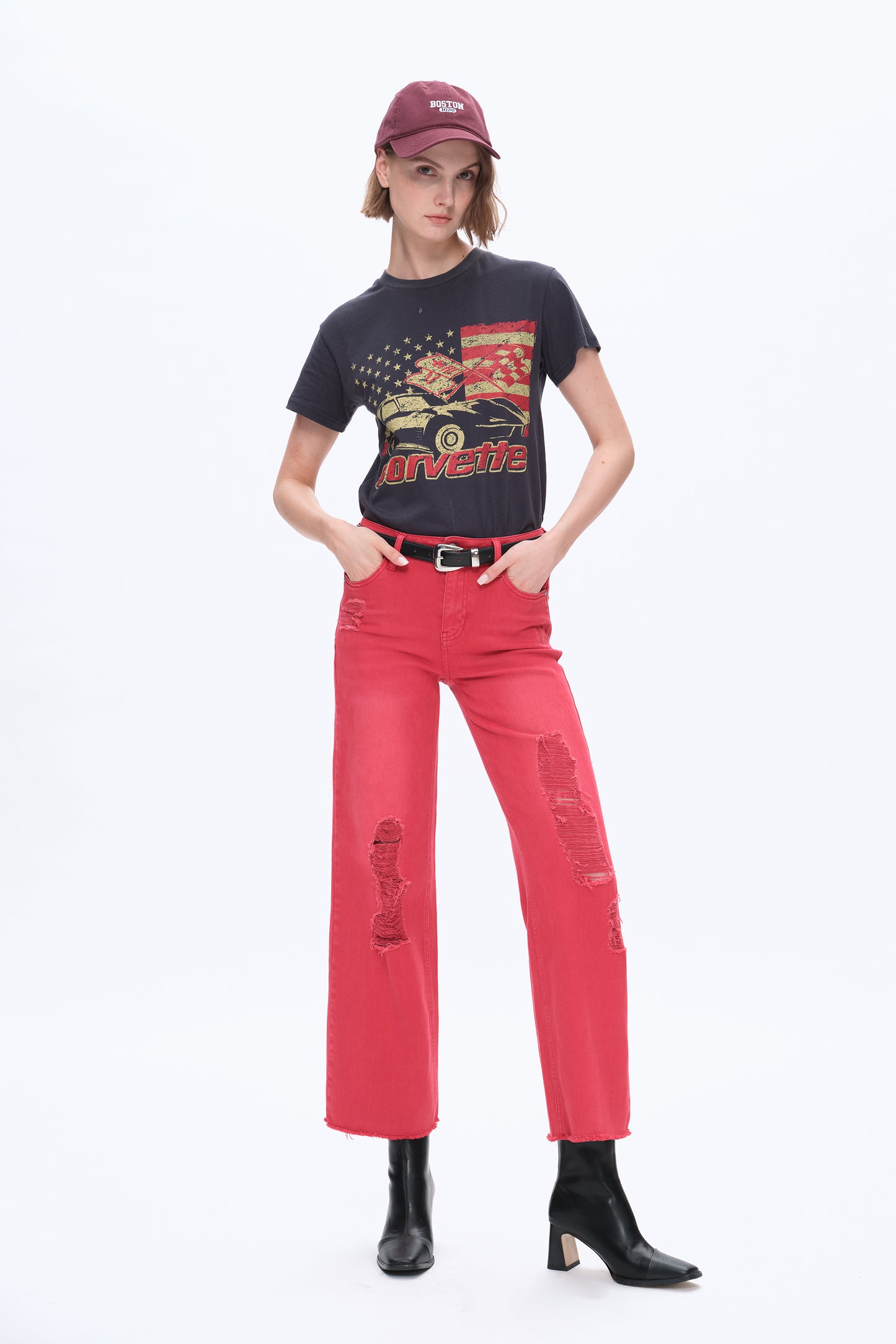 ALLY HIGH RISE DISTRESSED WIDE LEG PANTS BYW8159 (BYMJ022) RED