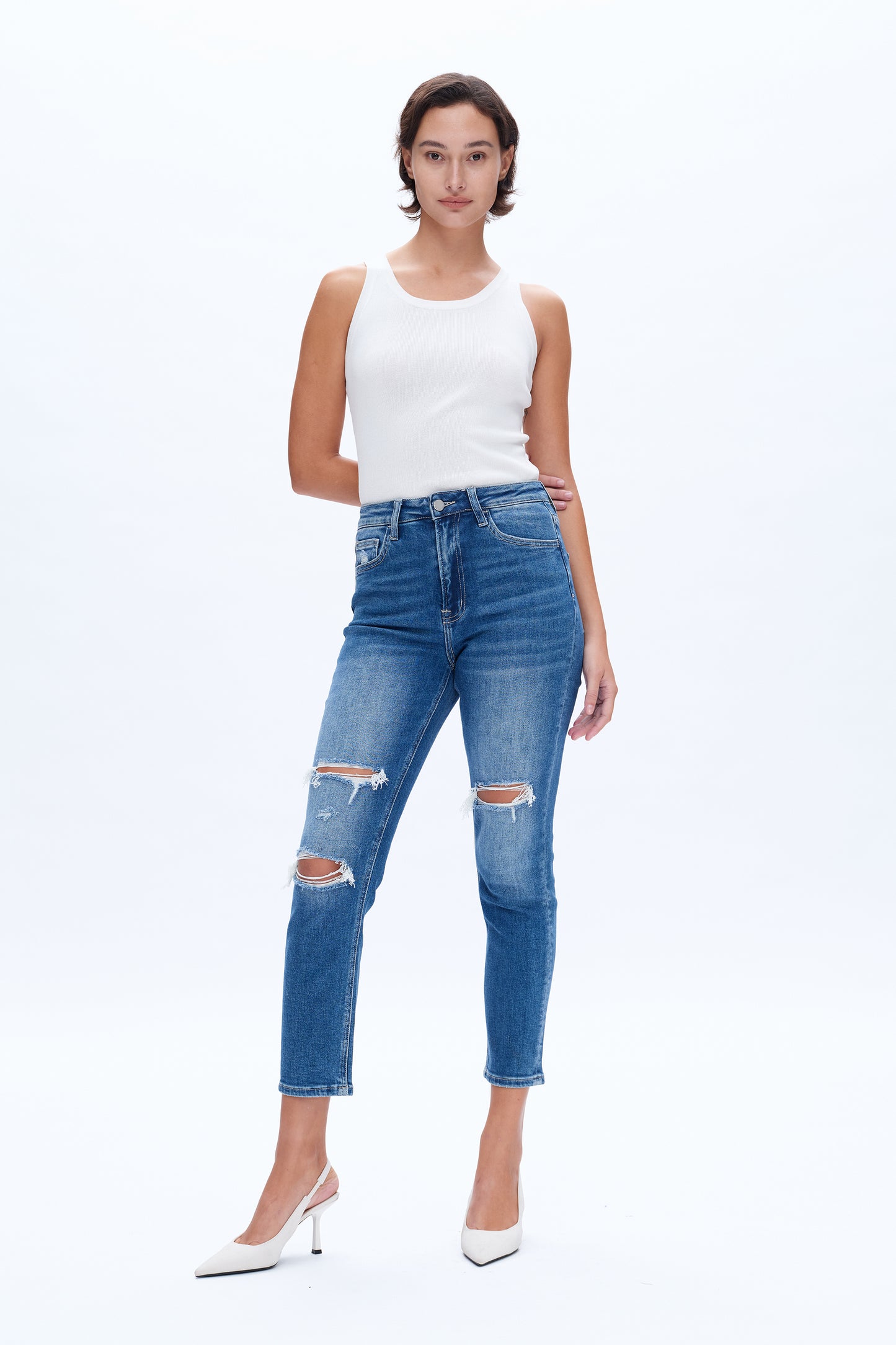 HIGH RISE STRETCH MOM JEANS BYM3009 DARK BLUE