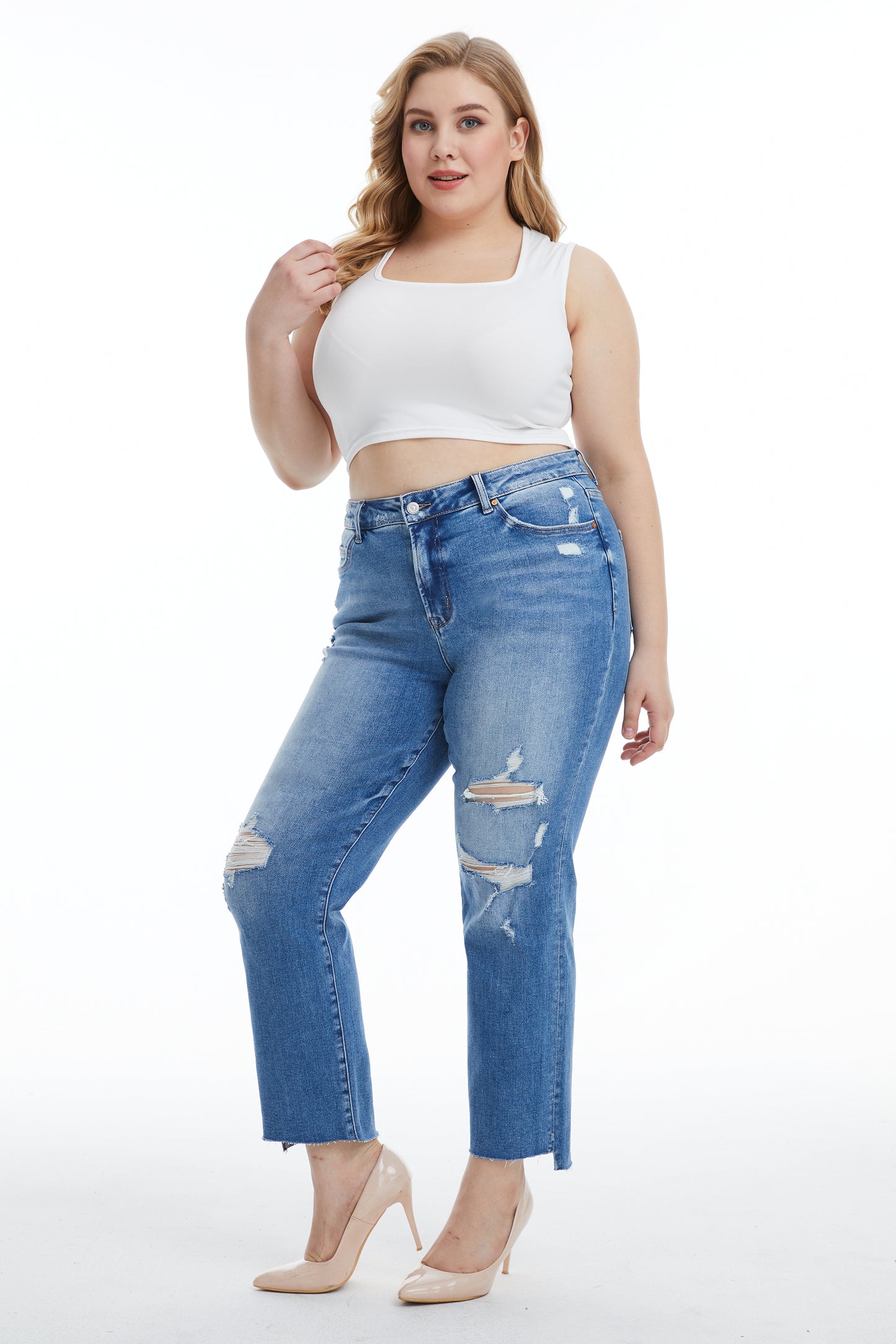 MID RISE SLIM STRAIGHT JEANS WITH RAW HEM BYT5178-P (BYHE125-P) MYSTIC BLUE PLUS SIZE