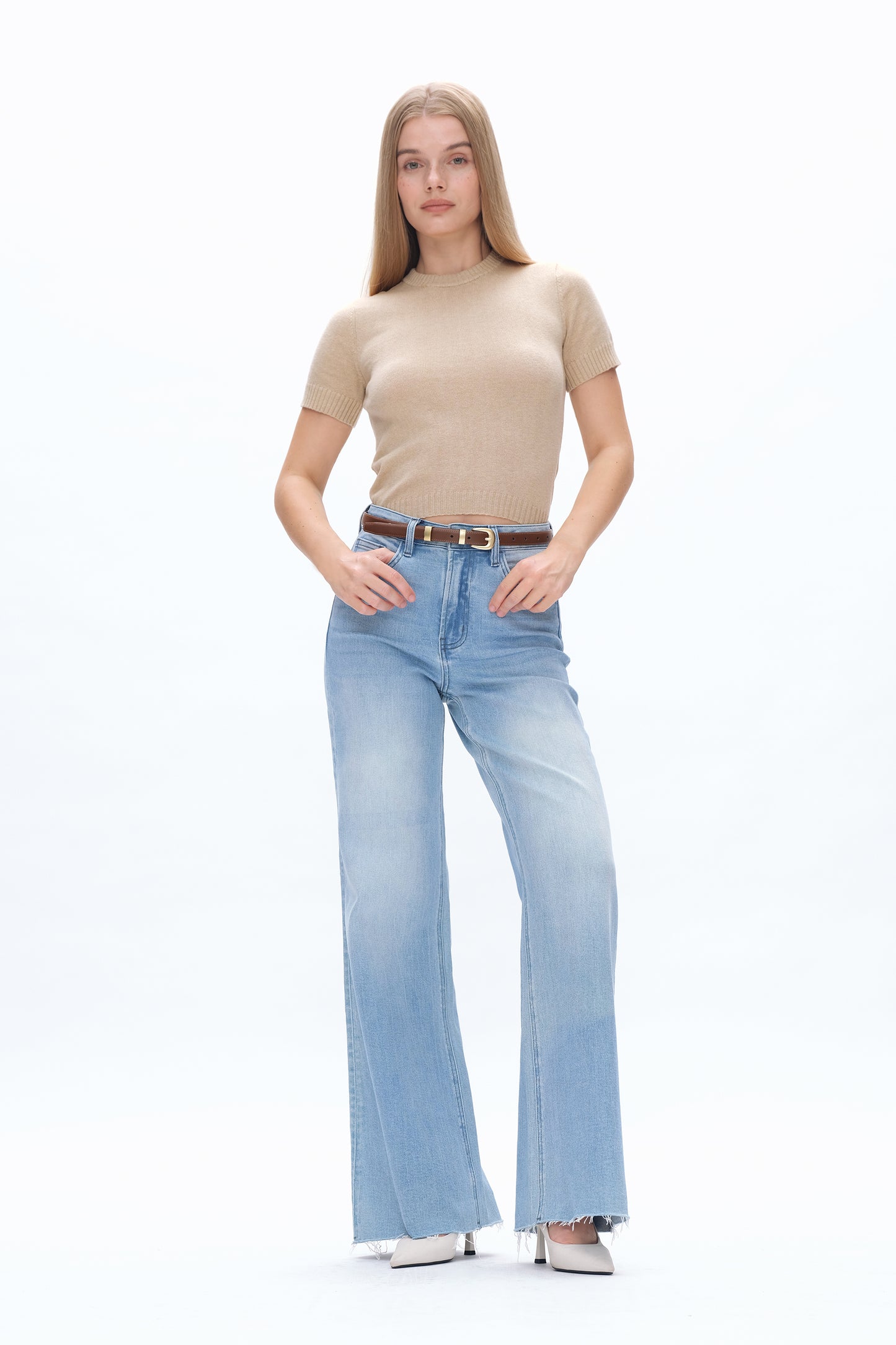 BELLA HIGH RISE WIDE LEG JEANS WITH RAW HEM BYW8101 LIGHT BLUE