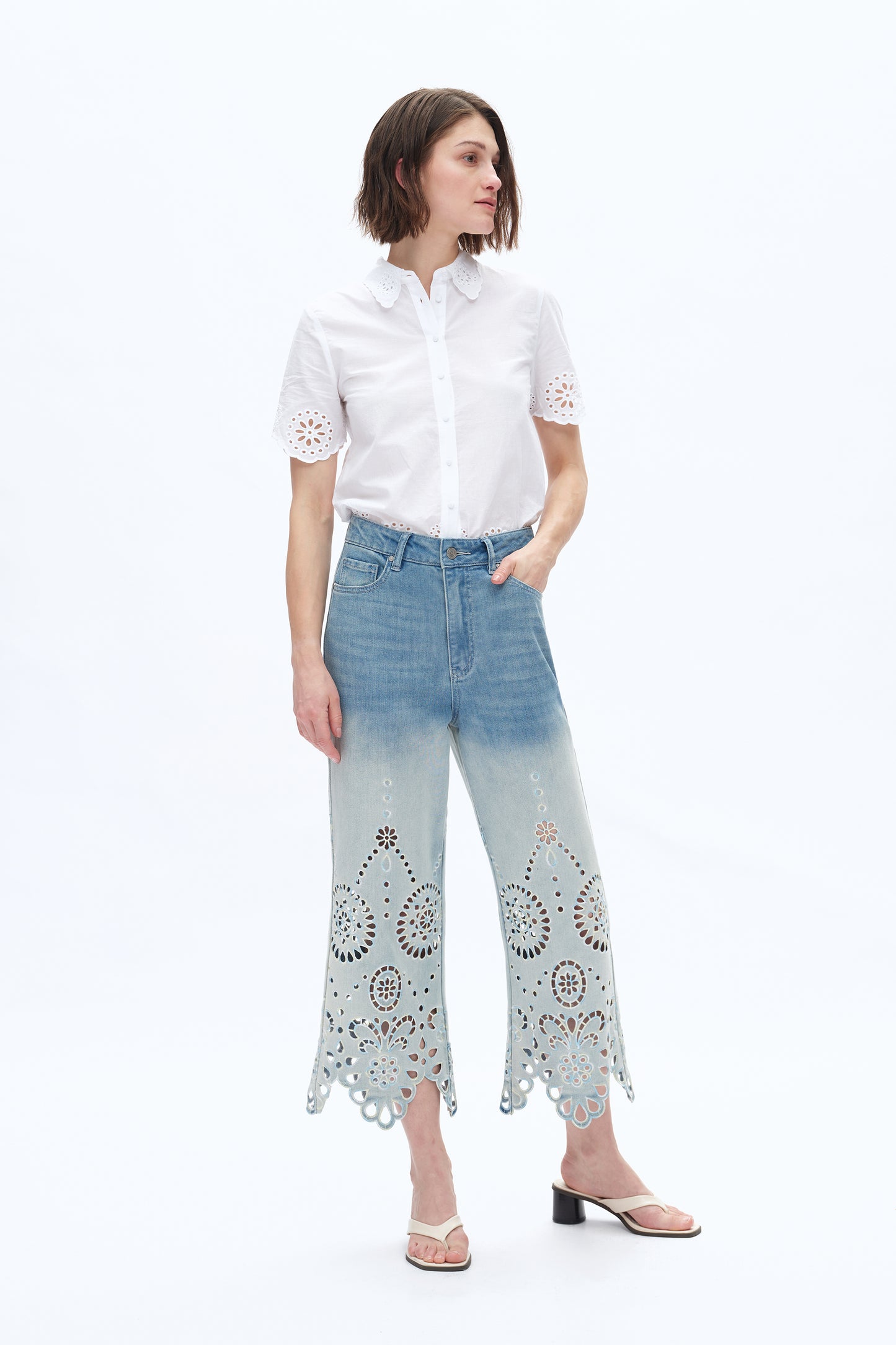 ULTRA HIGH RISE LACE EMBROIDERED WIDE LEG DENIM JEANS BYW8195 (BYCK008) LIGHT BLUE