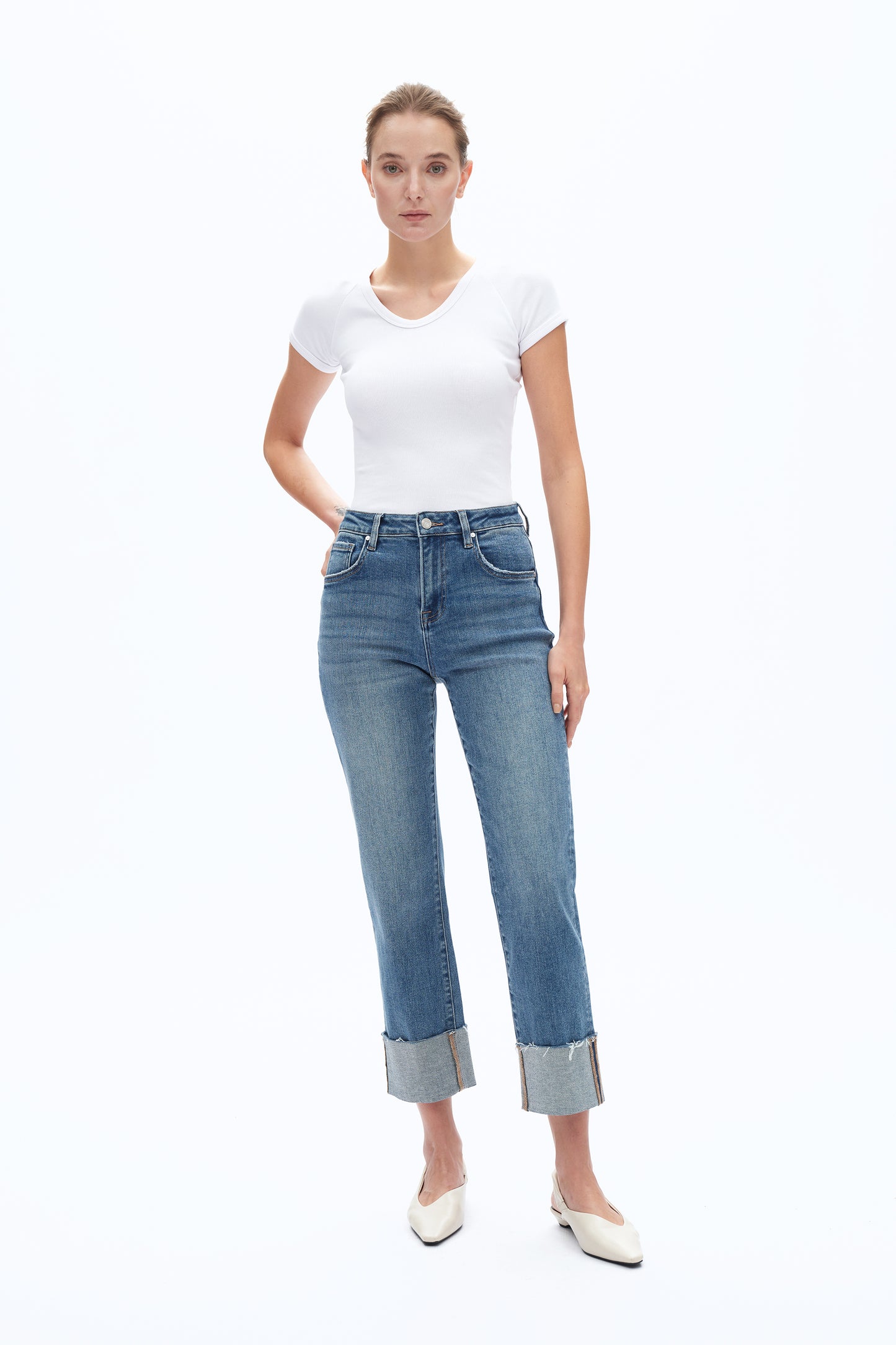 HIGH RISE STRAIGHT LEG JEANS WITH ROLLED HEM BYT5153 SURF BLUE