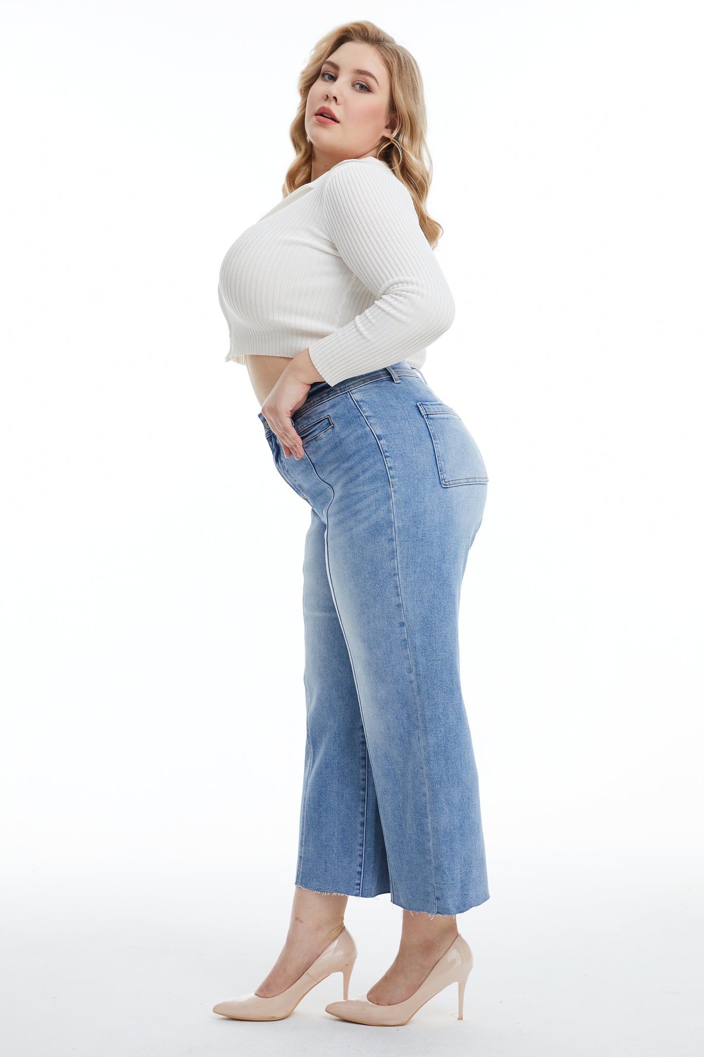 HIGH RISE WIDE LEG JEANS WITH RAW HEM BYW8116-P ICE BLUE PLUS SIZE