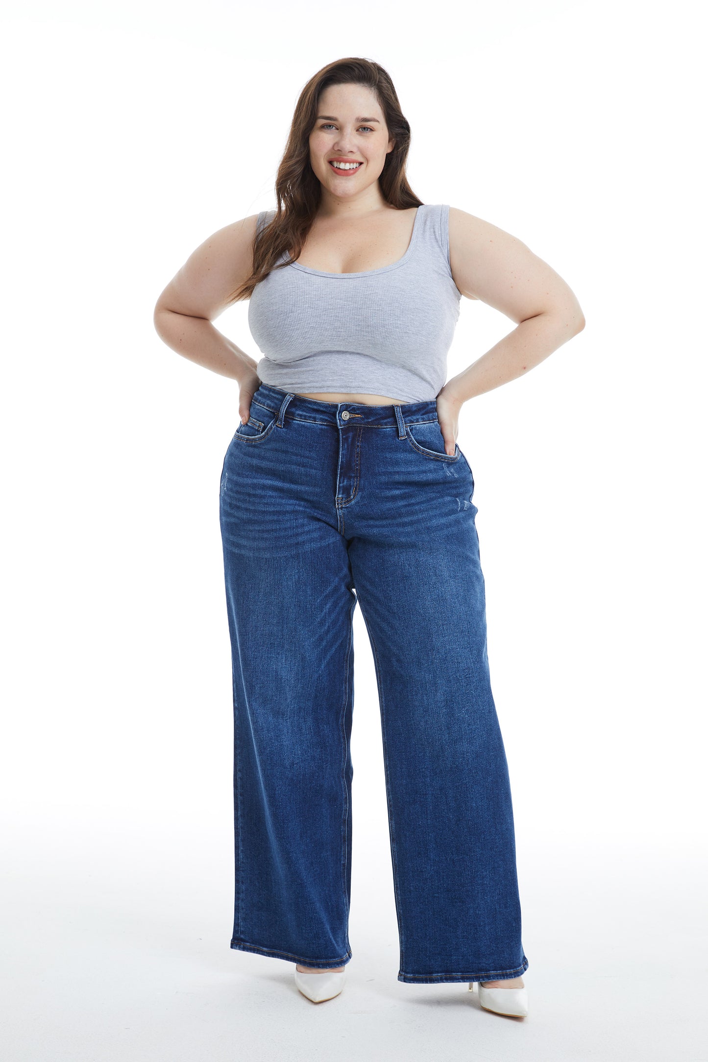 LOW CUT WIDE LEG CROP STRAIGHT JEANS BYW8001-2P DARK BLUE PLUS SIZE