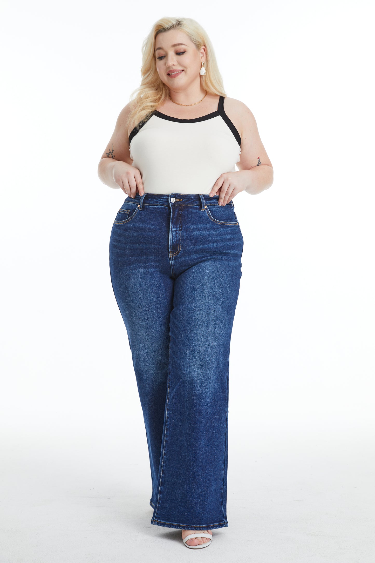 LINDA HIGH RISE WIDE LEG JEANS BYW8136-P (BYHE137) DEEP SEA PLUS SIZE