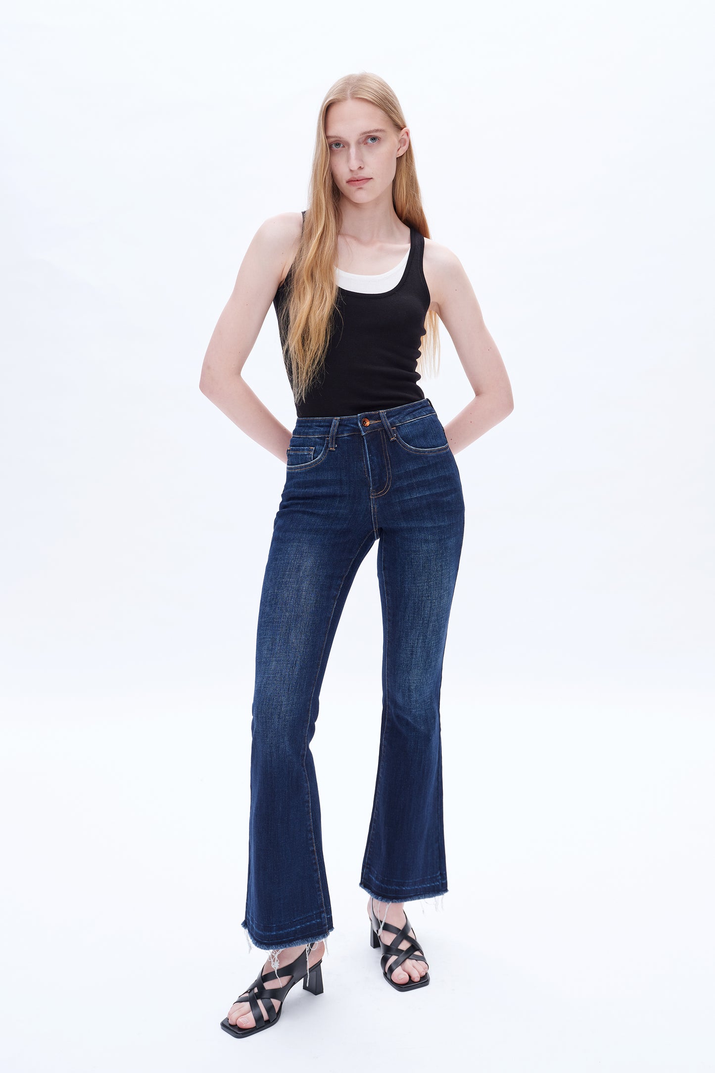 HIGH RISE FLARE LEG JEANS WITH RAW HEM BYF1110 DARK BLUE