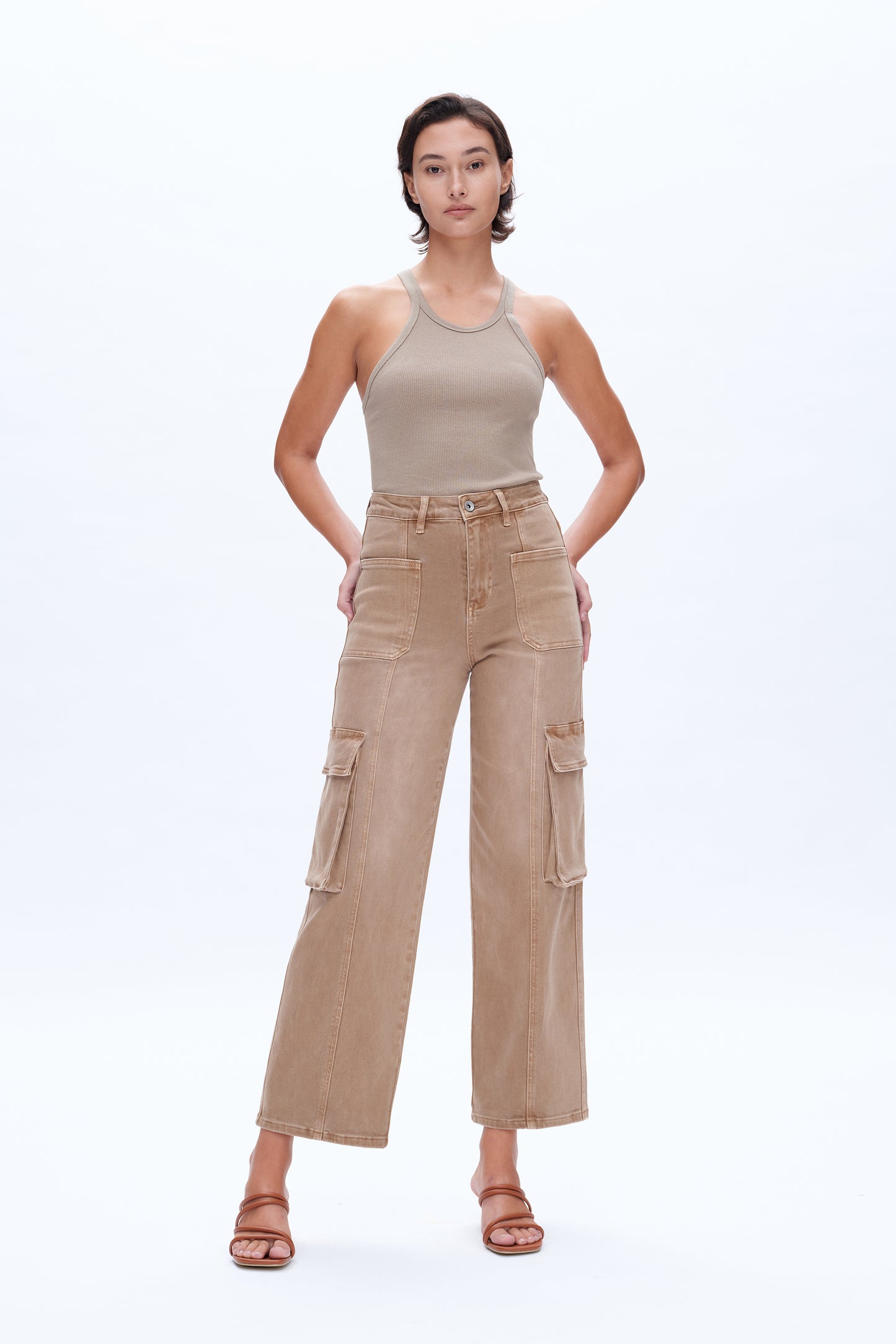 SUPER HIGH RISE CARGO STRAIGHT WIDE LEG JEANS BYW8107-N VINTAGE KHAKI