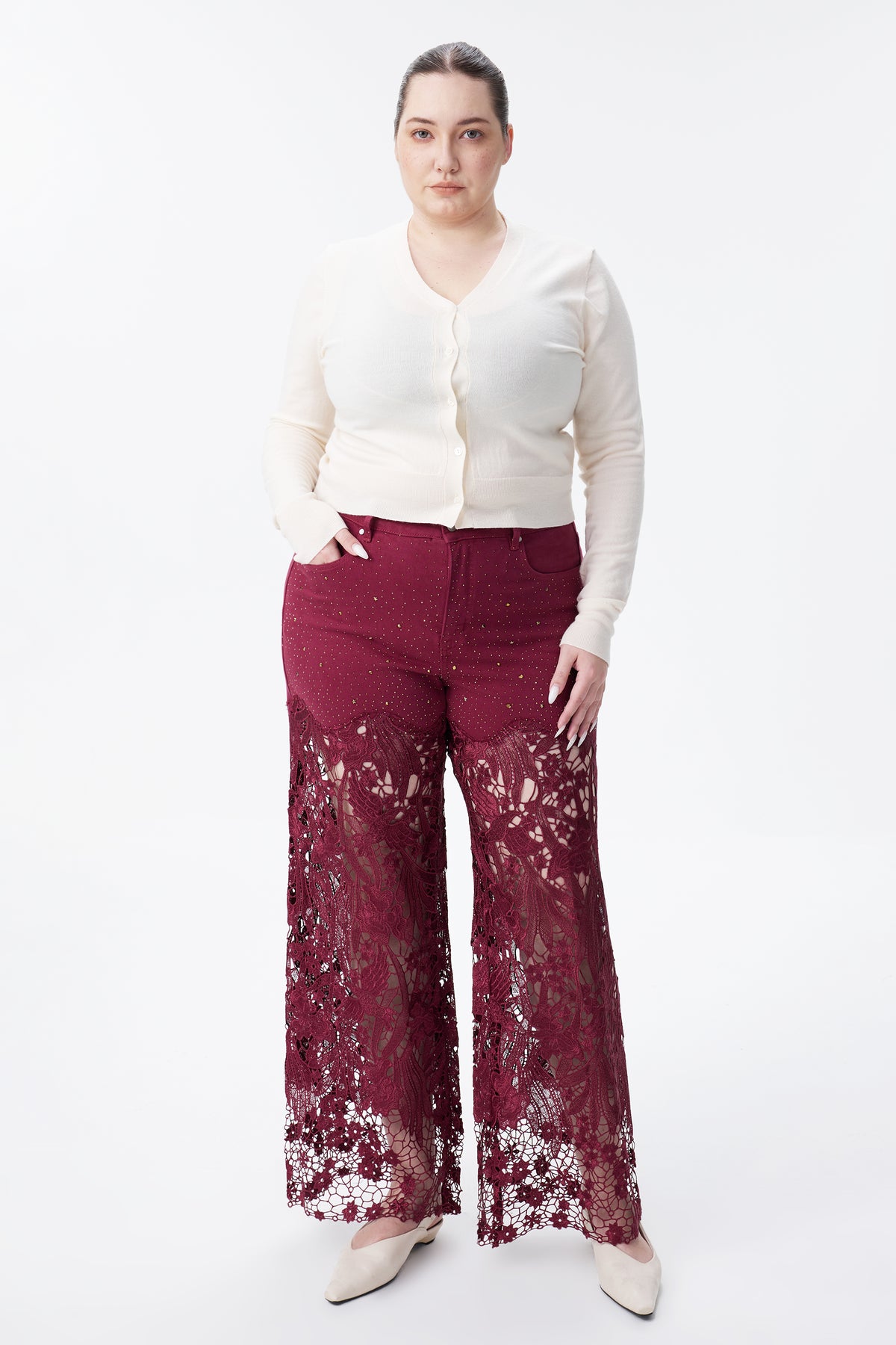 Plus Wide Leg Lece Jeans BYW8090B Inseam 30"(WINE)