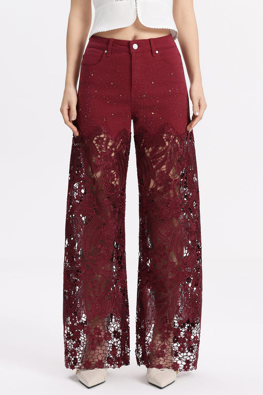 PLUS HIGH RISE LACE PANTS WITH RHINESTONE