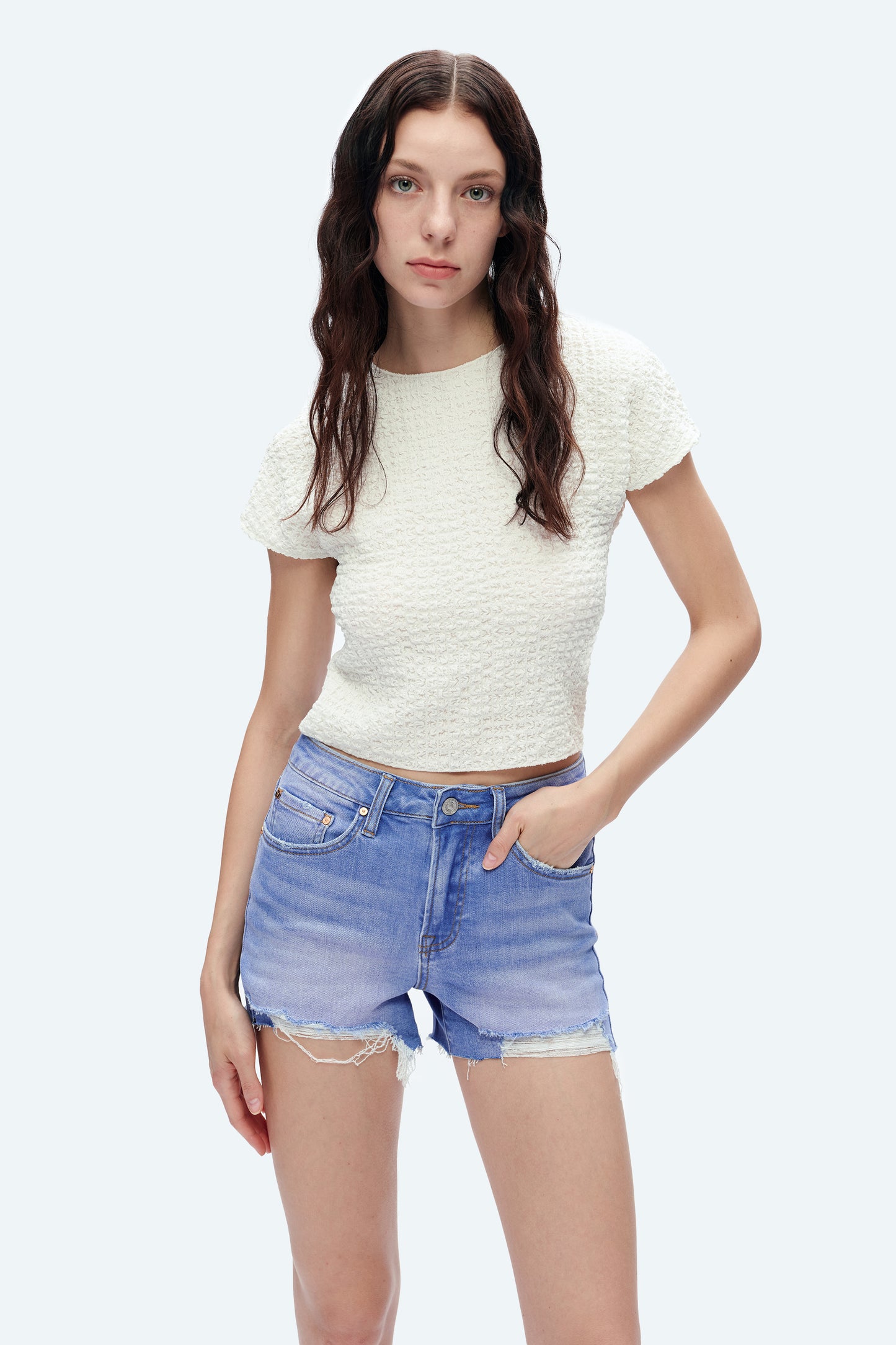 LILY MID RISE DISTRESSED DENIM SHORTS BYH6077 (BYHE167) SKY BLUE