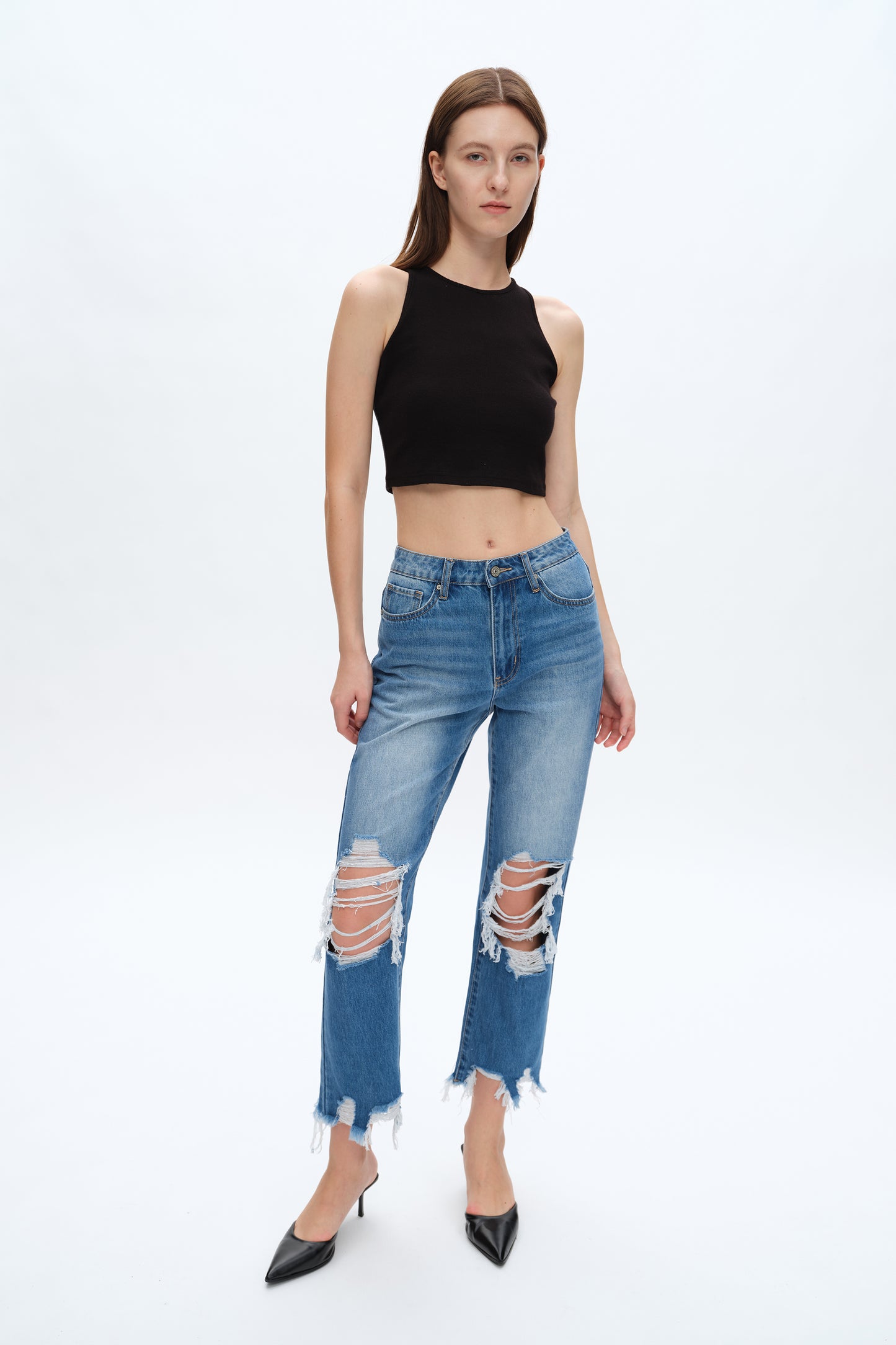 YOYO HIGH RISE DISTRESSED CROPPED STRAIGHT JEANS BYT5200 (BYHE197) CRYSTAL