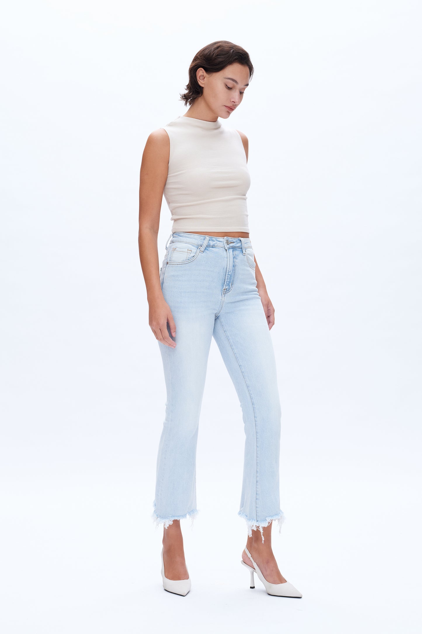 ANNA HIGH RISE FRAYED HEM ANKLE FLARE JEANS BYF1153 LIGHT BLUE