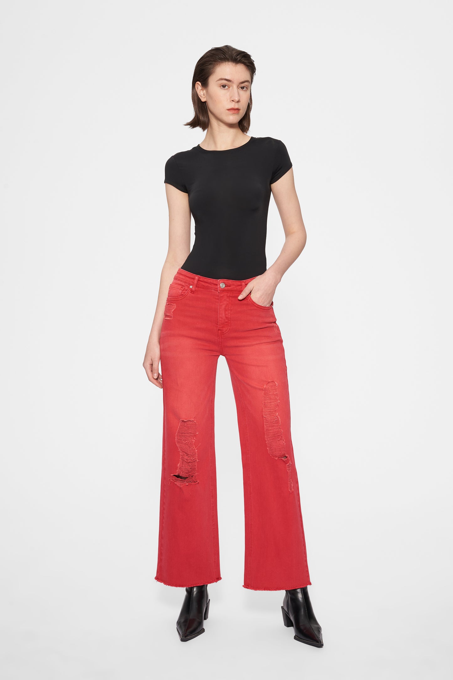 ALLY HIGH RISE DISTRESSED WIDE LEG PANTS BYW8159 (BYMJ022) RED