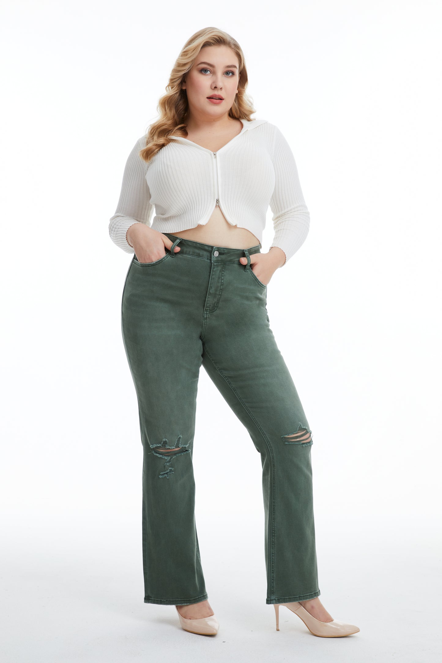 EMILY HIGH RISE DISTRESSED FLARE PANTS BYF1081-P GREEN PLUS SIZE