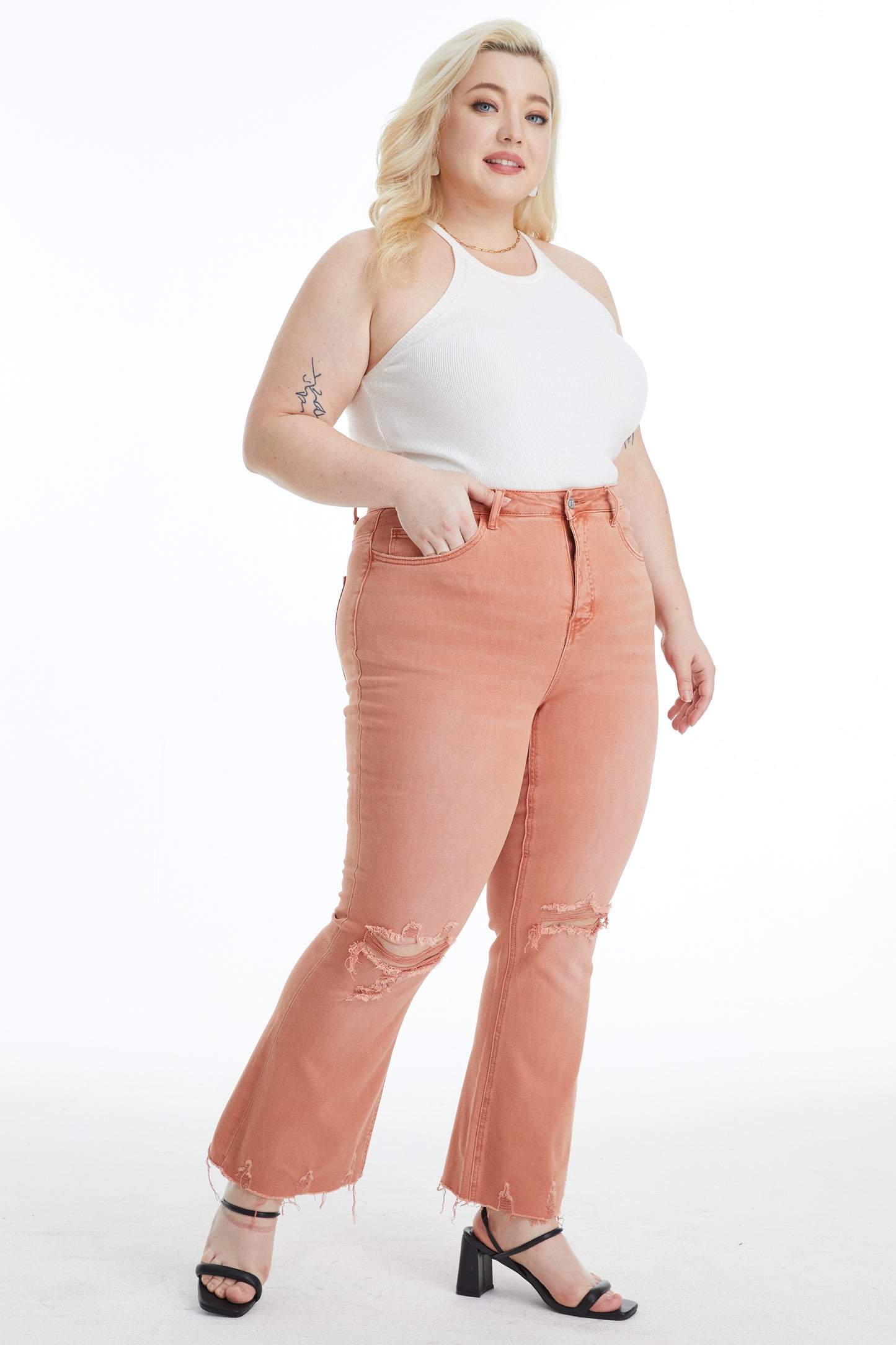 EMILY HIGH RISE DISTRESSED FLARE PANTS BYF1077-P SALMON PLUS SIZE